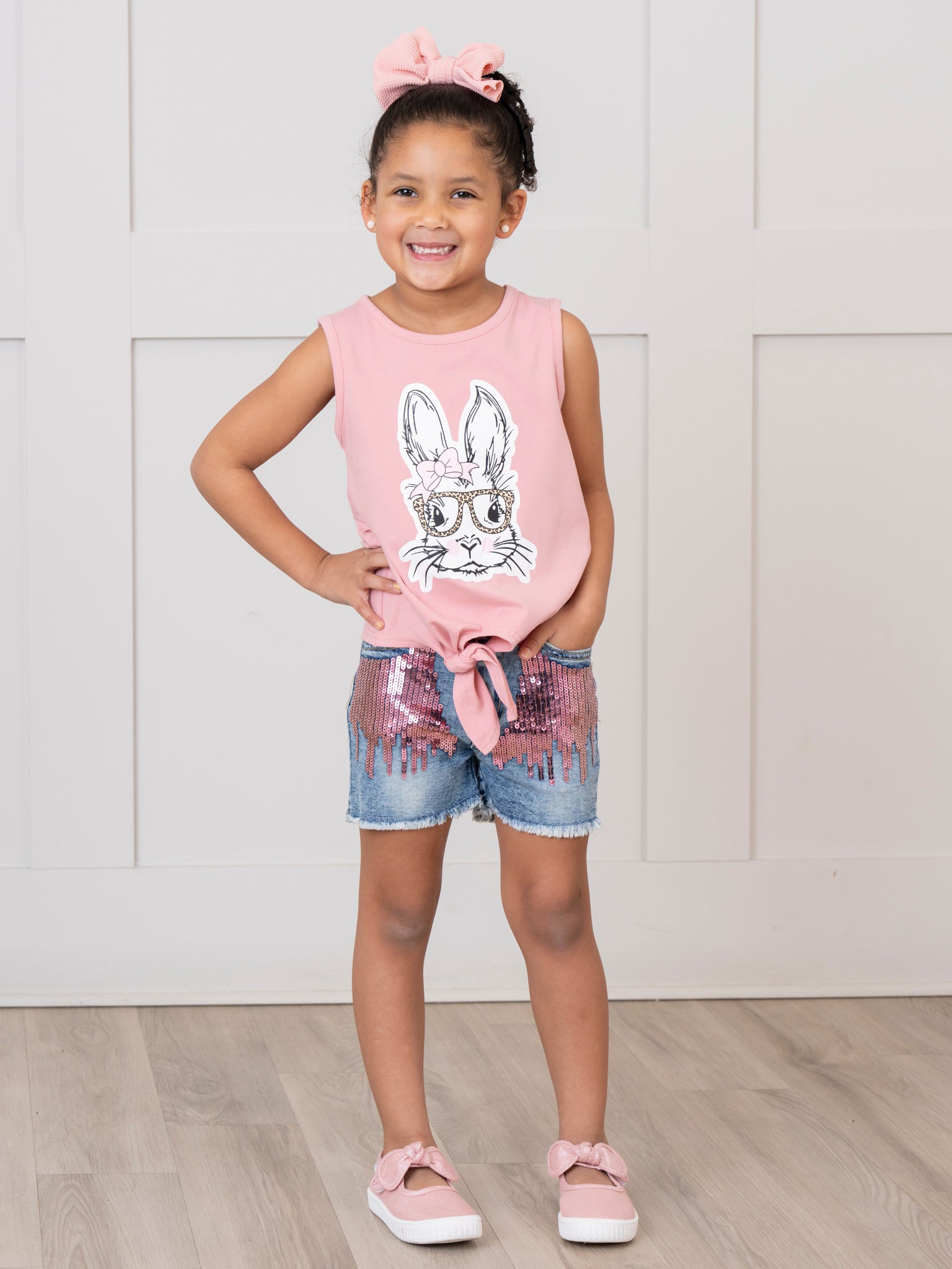 Pink Bunny Tie Tank & Sequin Denim Shorts Outfit - Marie Nicole Clothing