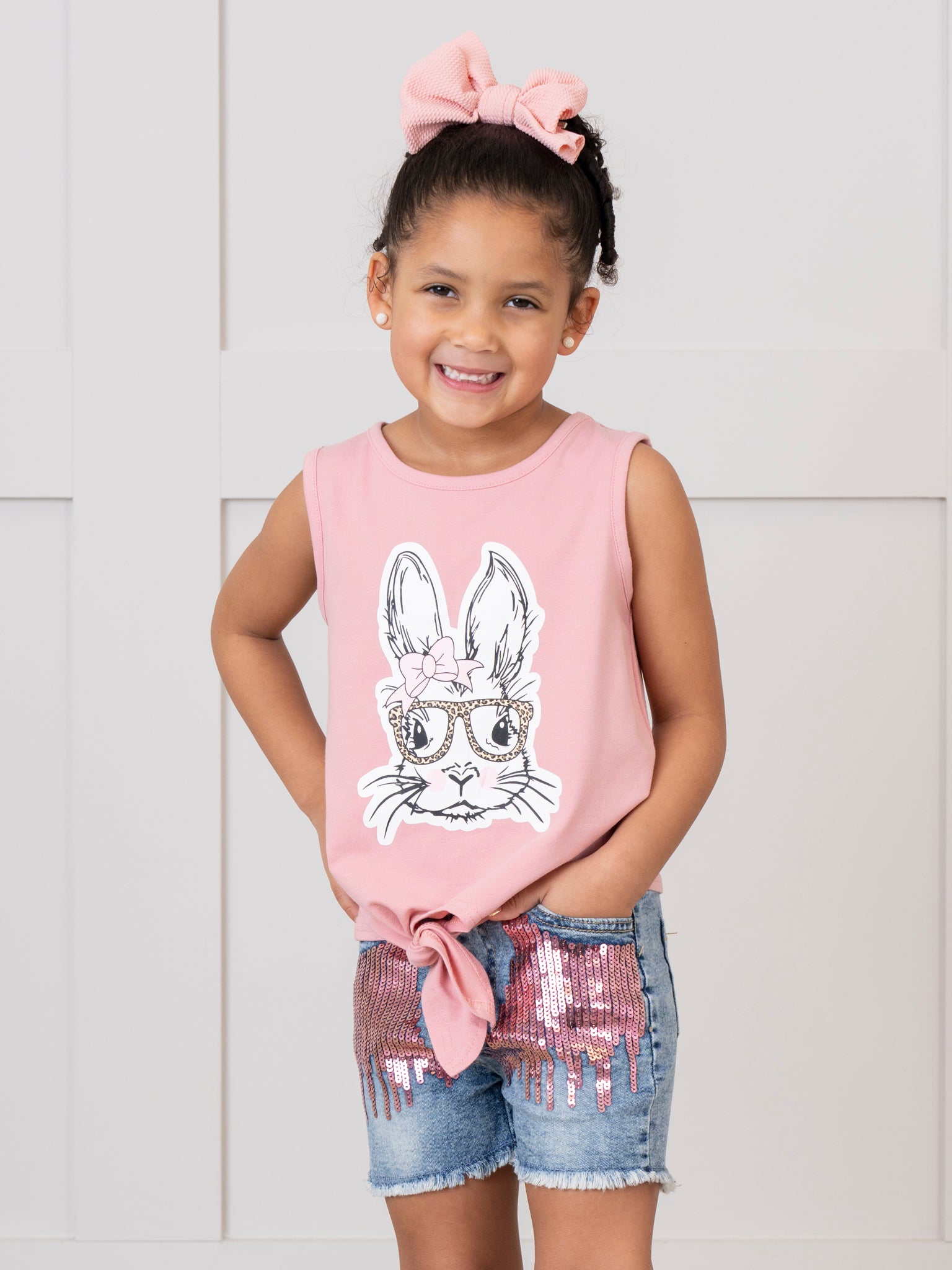 Pink Bunny Tie Tank & Sequin Denim Shorts Outfit - Marie Nicole Clothing