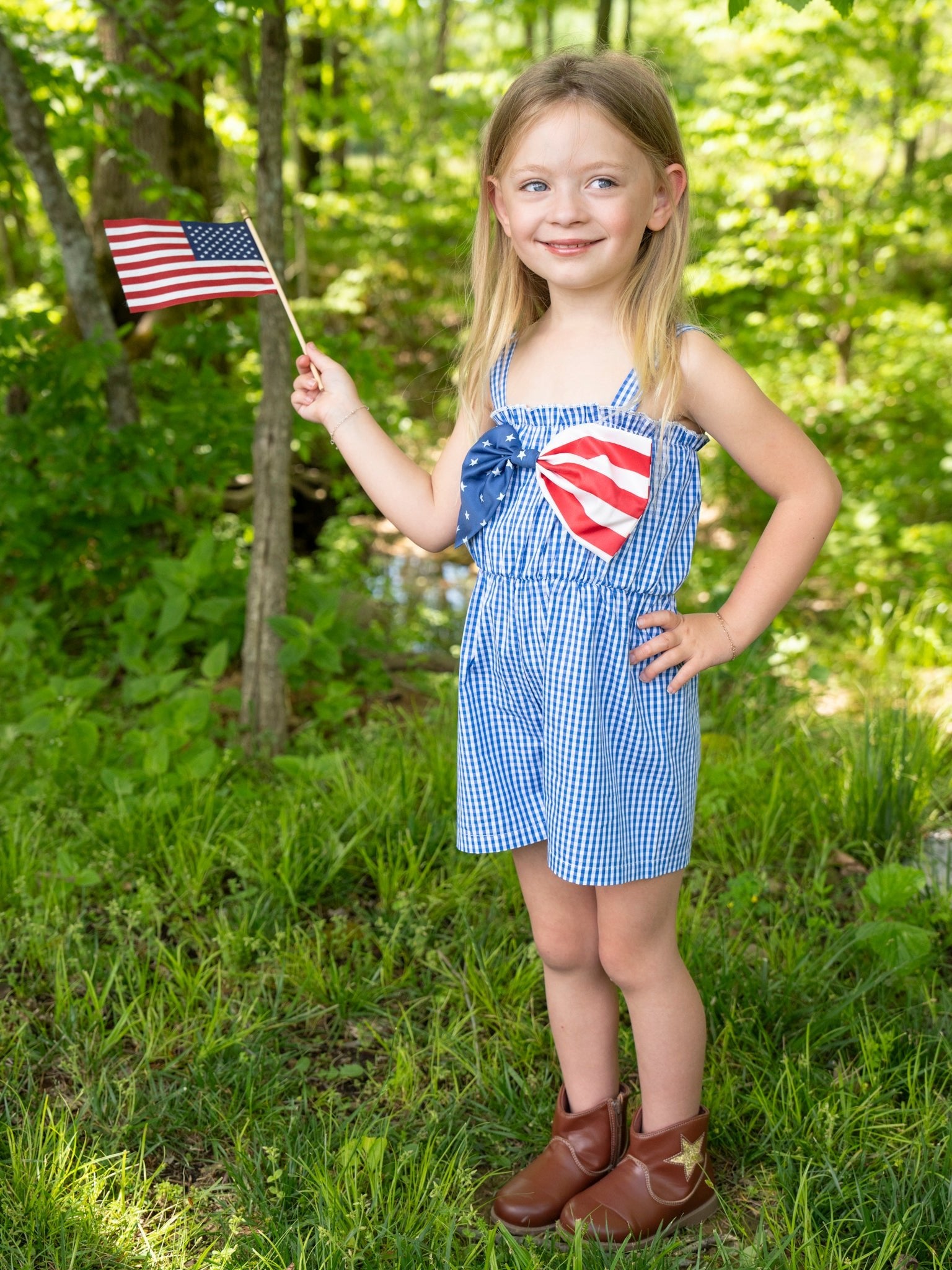 Blue Gingham American Girl Bow Romper - Marie Nicole Clothing