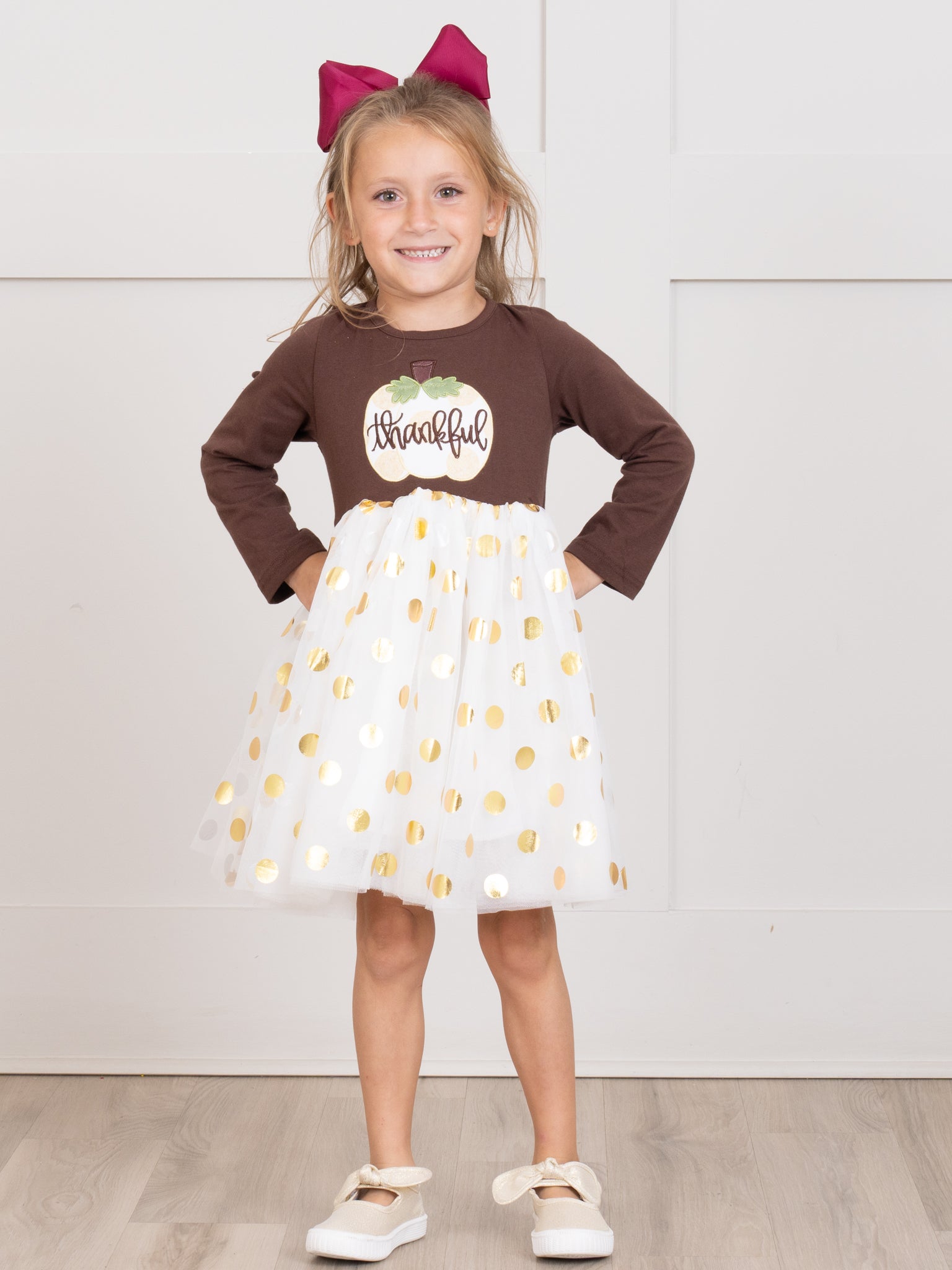 Brown & Gold Dots Thankful Tulle Dress - Marie Nicole Clothing