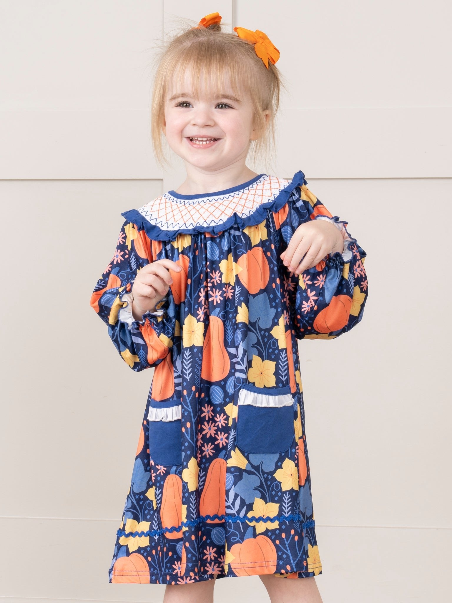 Blue & Orange Smocked Gourds Dress - Marie Nicole Clothing