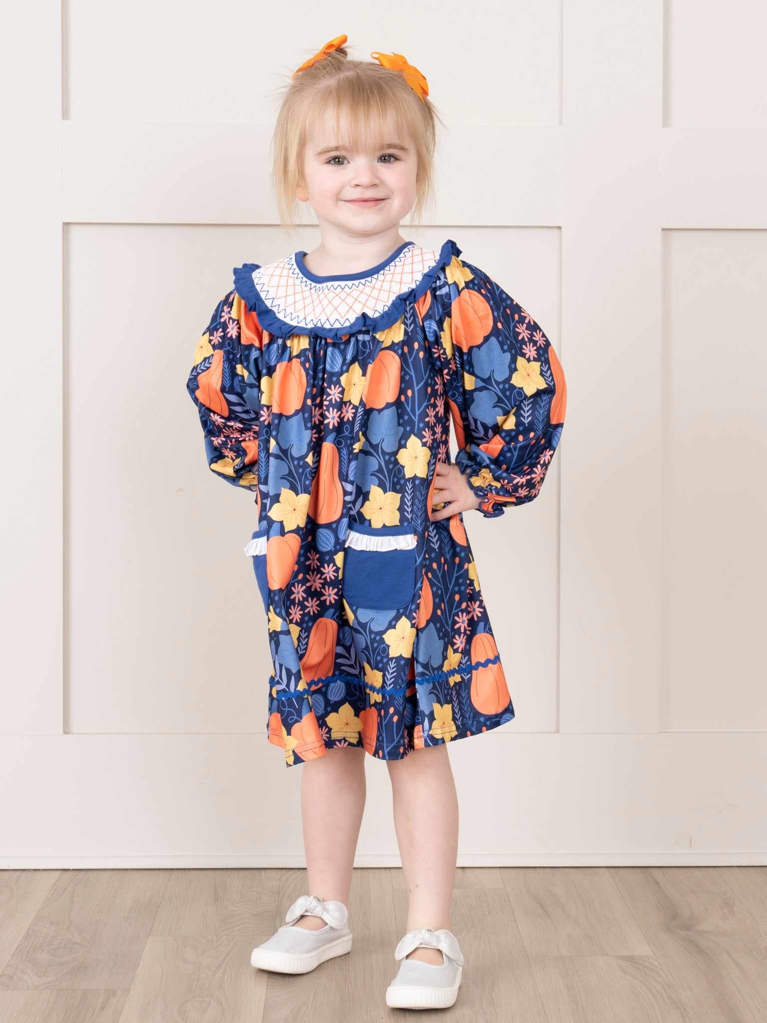 Blue & Orange Smocked Gourds Dress - Marie Nicole Clothing