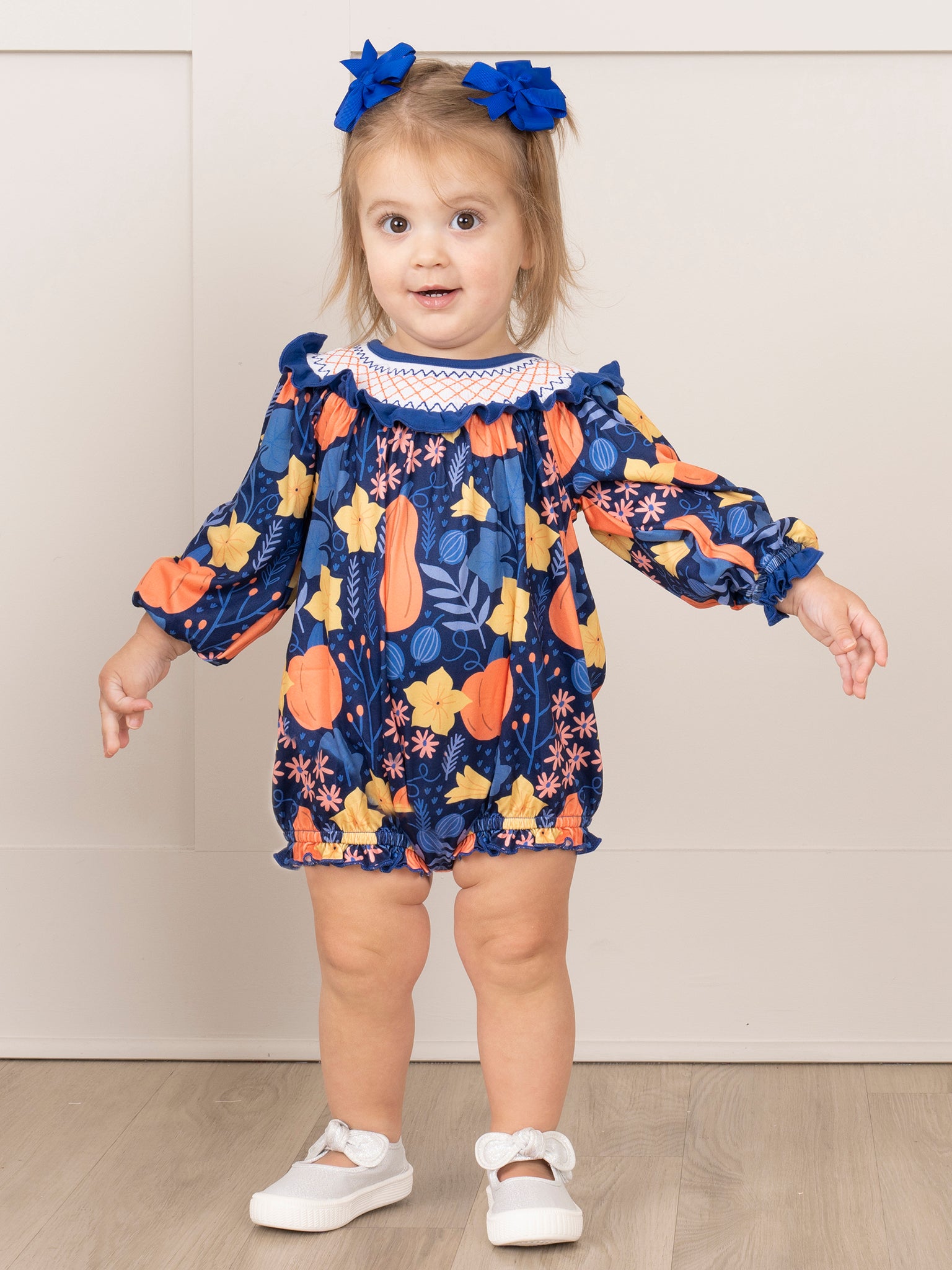 Blue Orange Smocked Gourds Bubble Romper - Marie Nicole Clothing