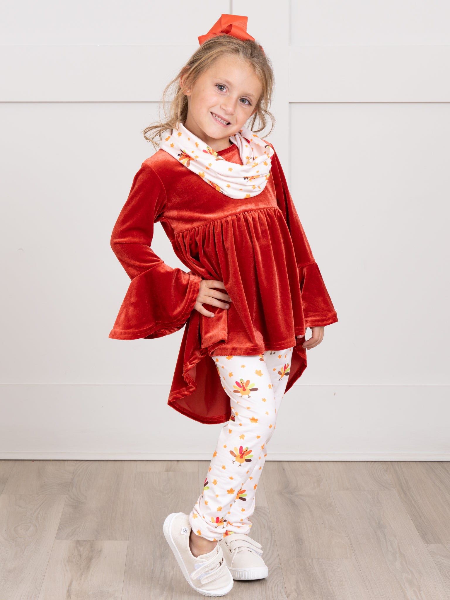Rust Velvet Turkey Outfit w/ Scarf - Marie Nicole Clothing