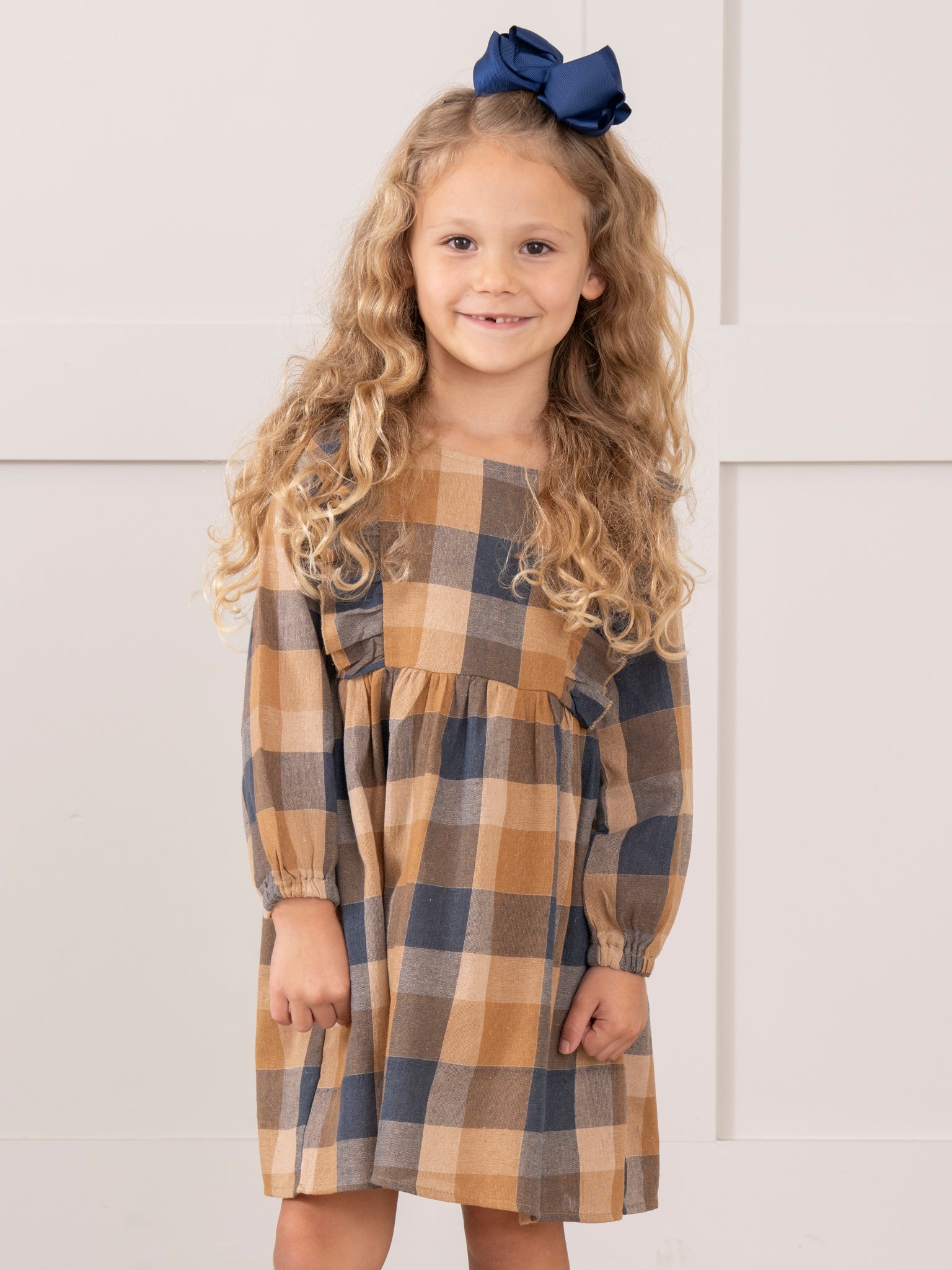 Navy & Caramel Plaid Cotton Ruffle Dress - Marie Nicole Clothing