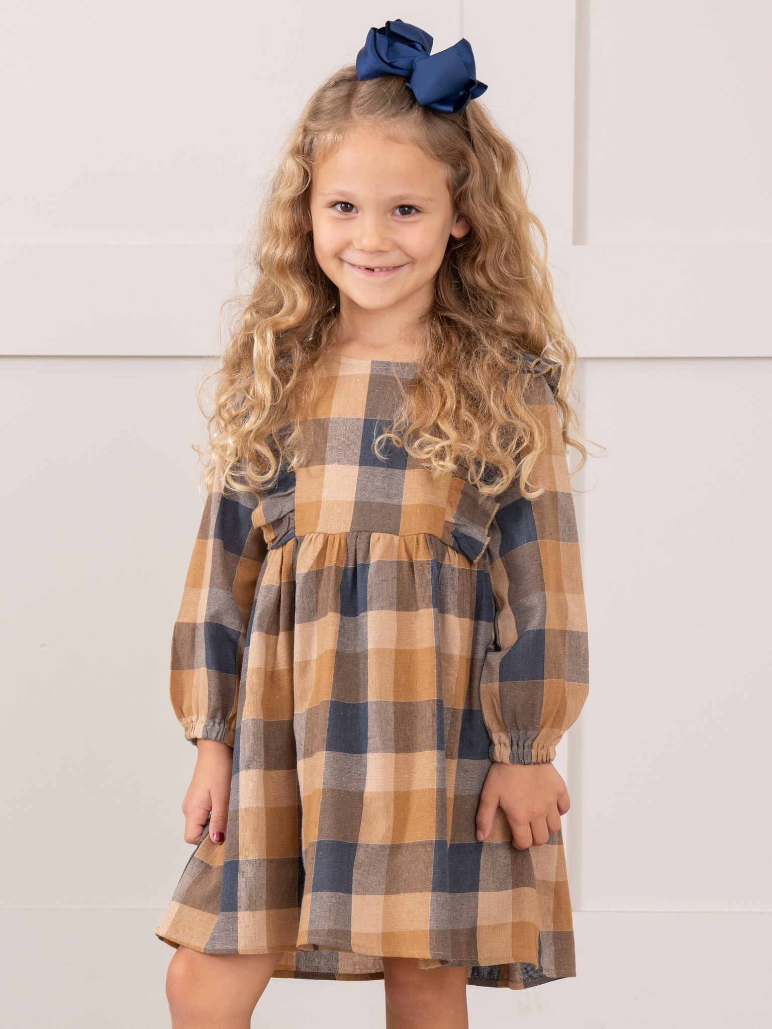 Navy & Caramel Plaid Cotton Ruffle Dress - Marie Nicole Clothing