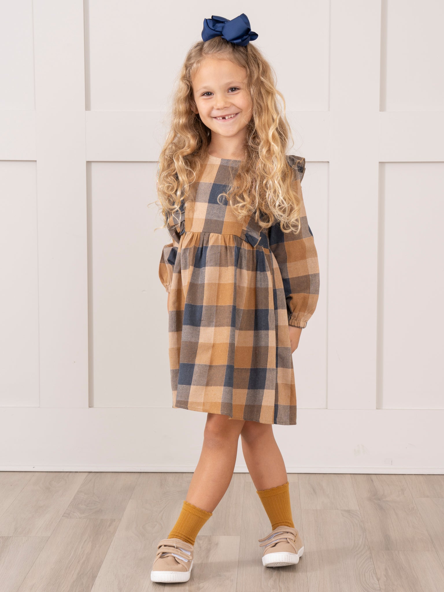 Navy & Caramel Plaid Cotton Ruffle Dress - Marie Nicole Clothing