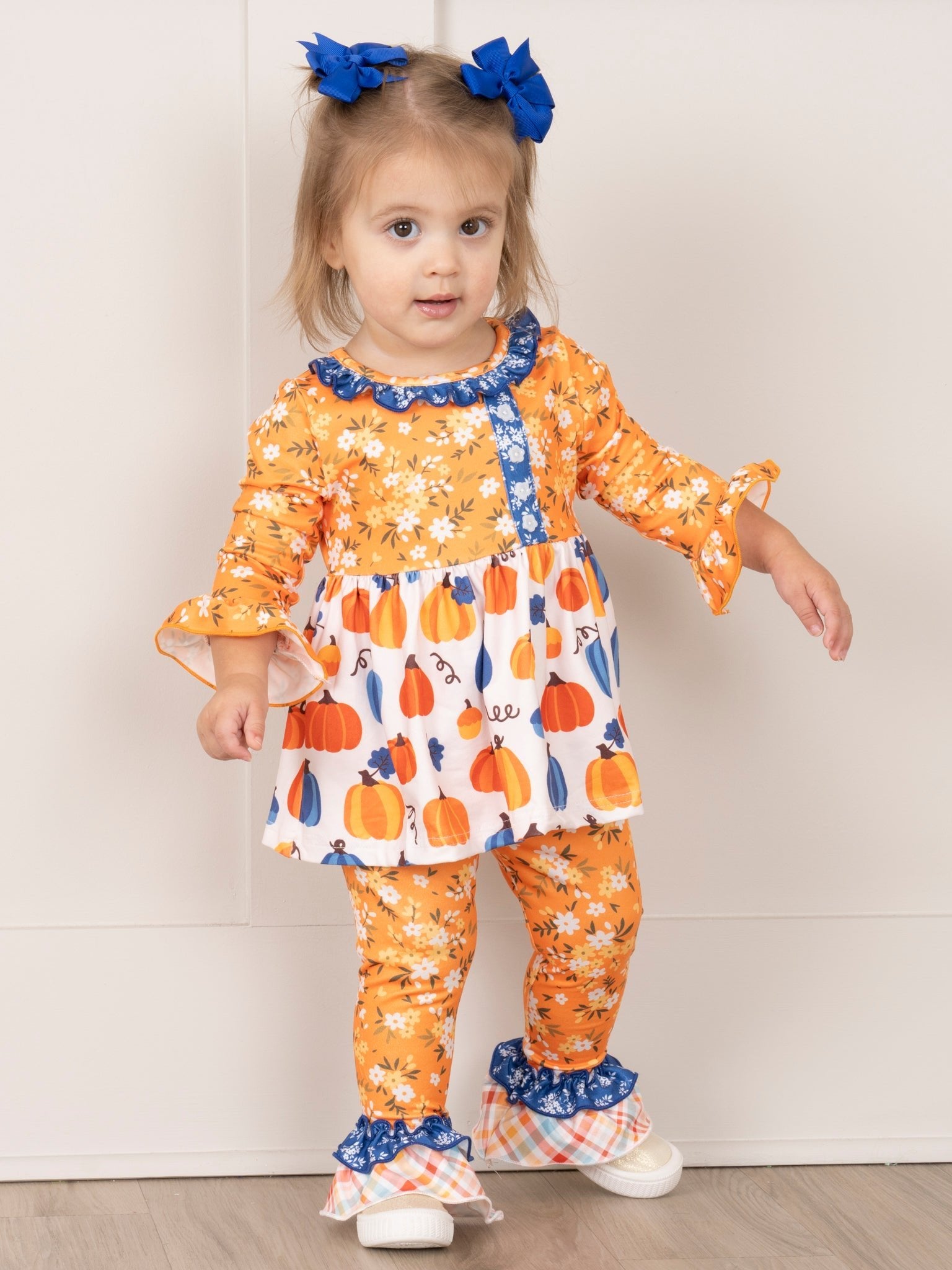 Orange Blooms & Blue Plaid Pumpkin Ruffle Outfit - Marie Nicole Clothing