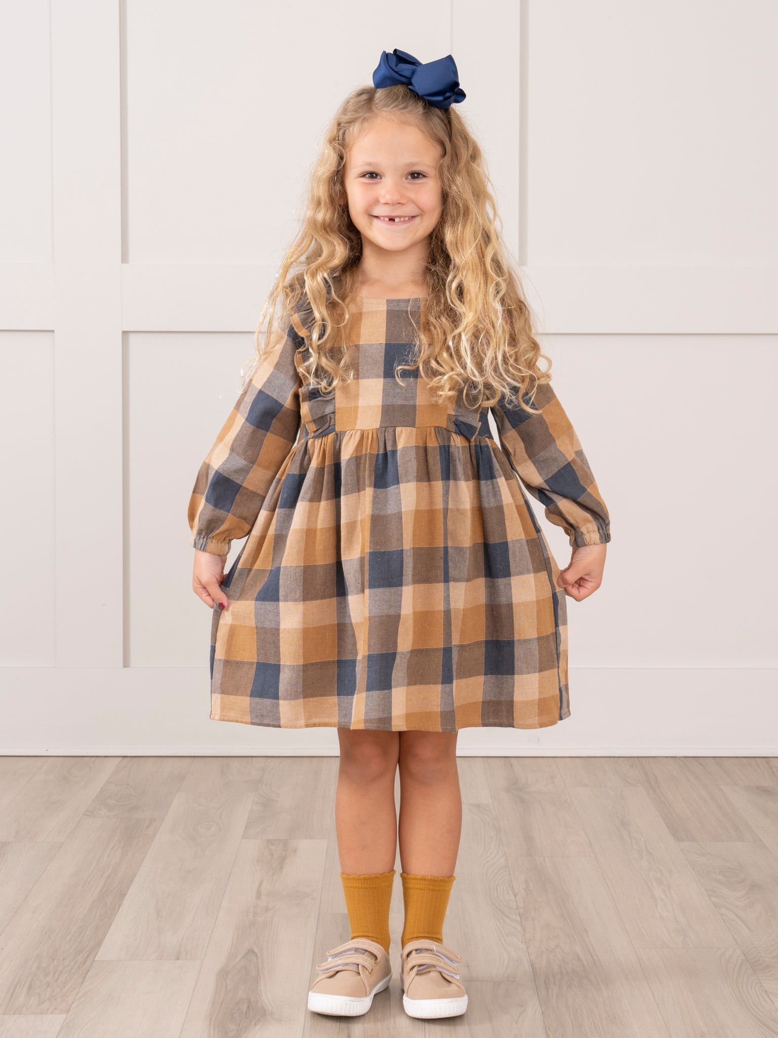 Navy & Caramel Plaid Cotton Ruffle Dress - Marie Nicole Clothing