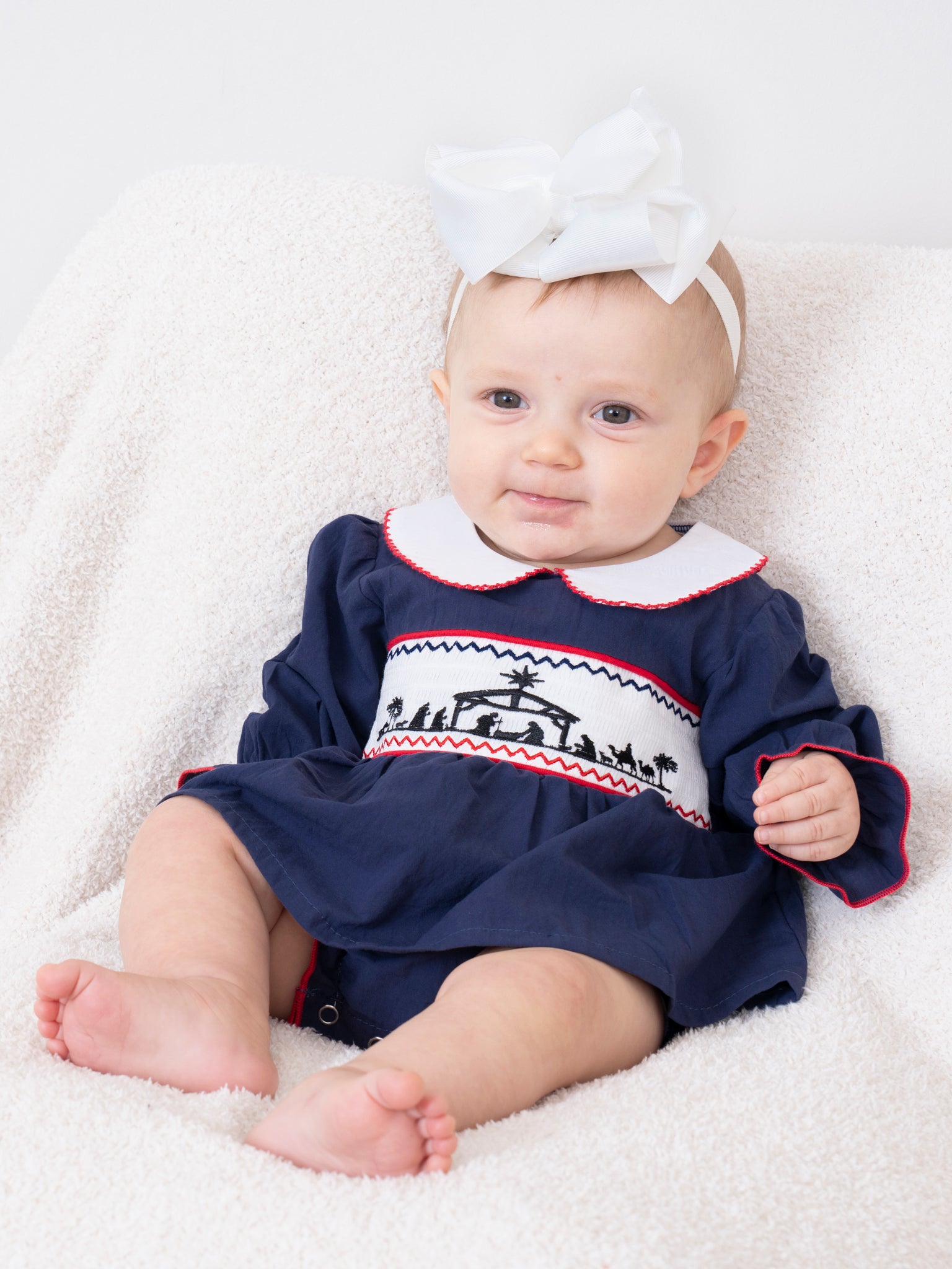Deep Blue Smocked Nativity Romper - Marie Nicole Clothing