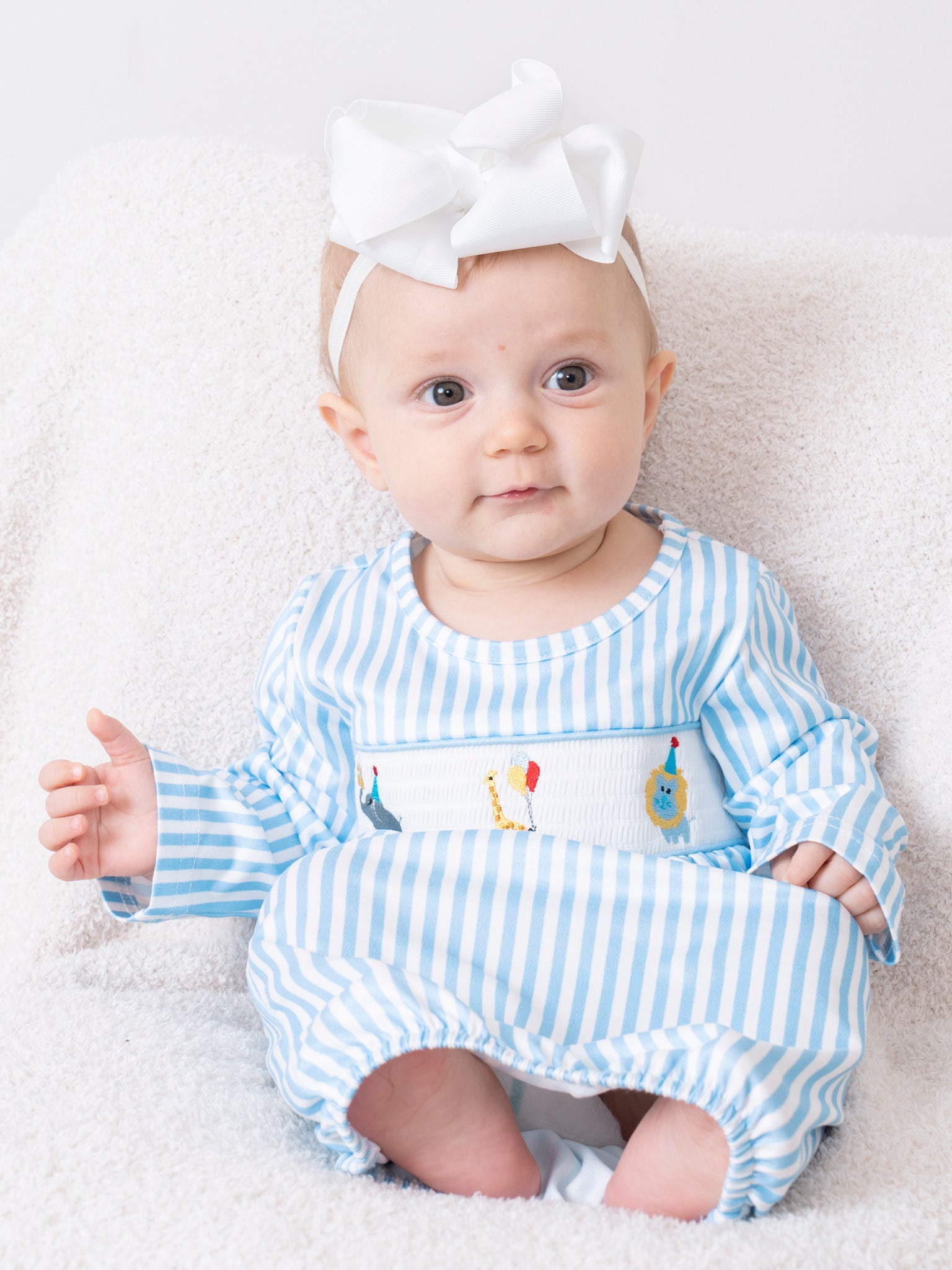 Blue Stripe Smocked Circus Friends Gown - Marie Nicole Clothing