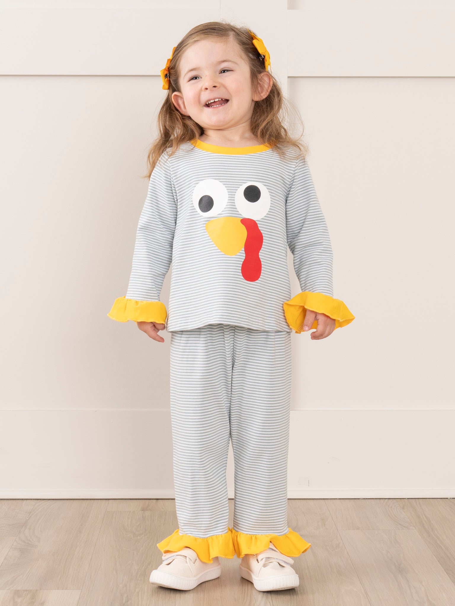 Grey Striped Turkey Ruffle Pajamas - Marie Nicole Clothing