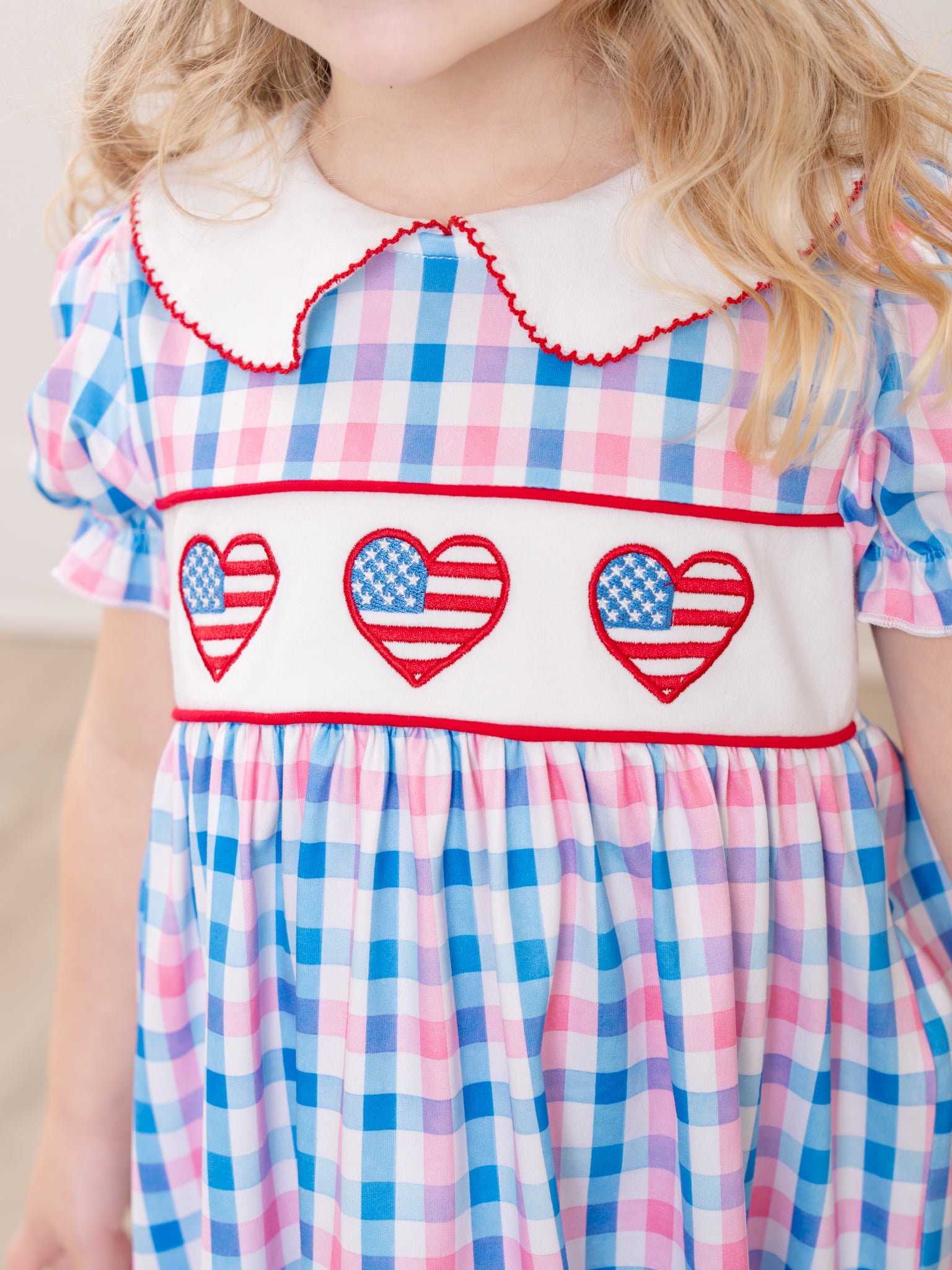 USA Heart Embroidered Plaid Dress - Marie Nicole Clothing