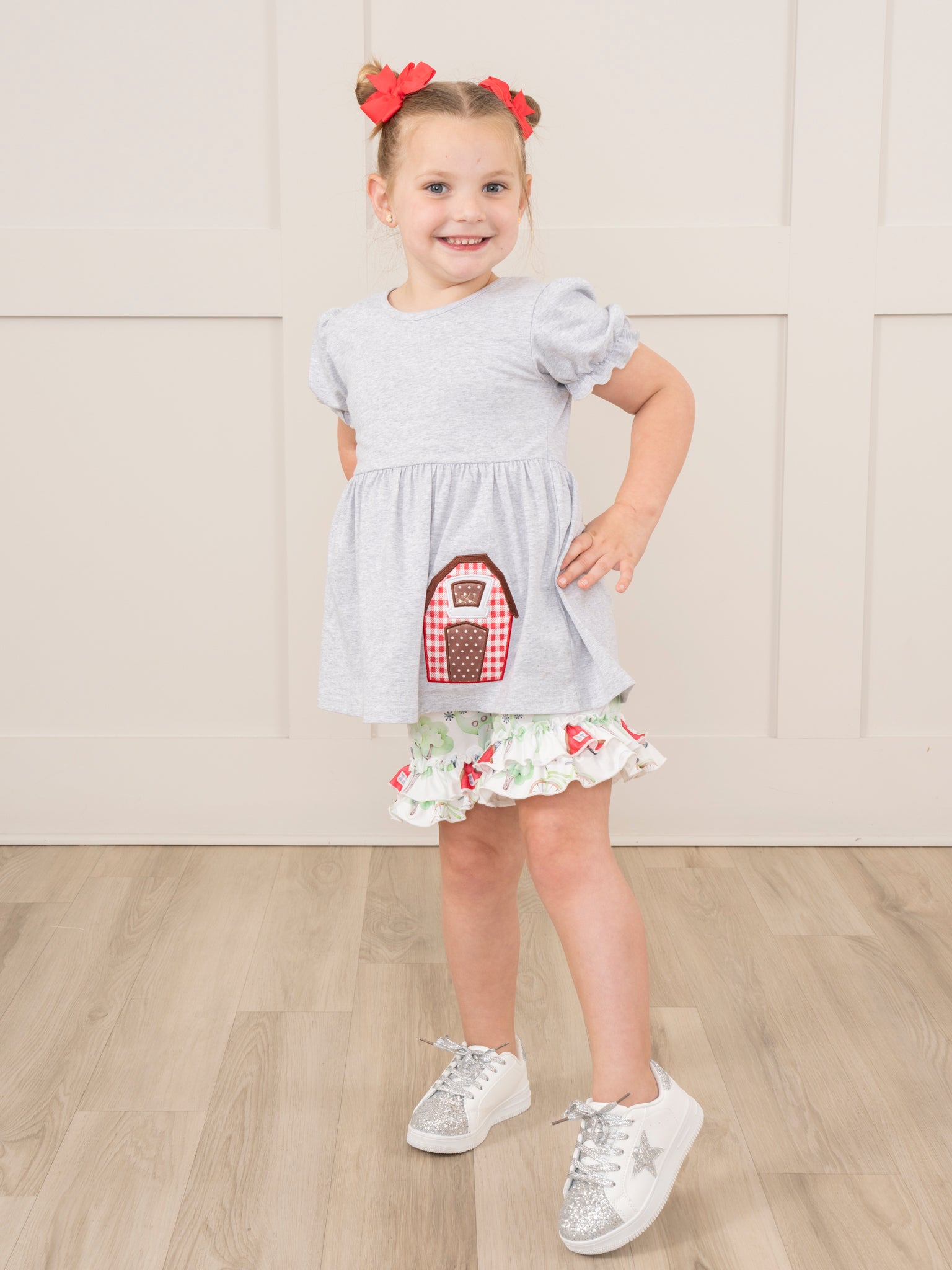 Grey Embroidered Barn Floral Ruffle Outfit - Marie Nicole Clothing