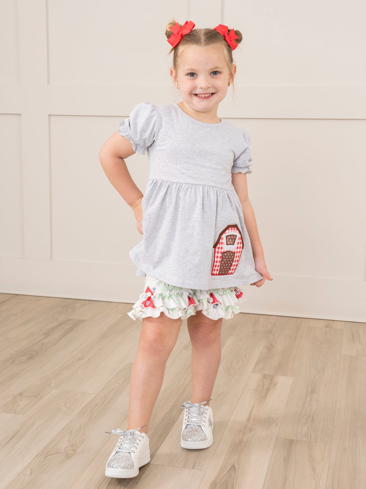 Grey Embroidered Barn Floral Ruffle Outfit - Marie Nicole Clothing
