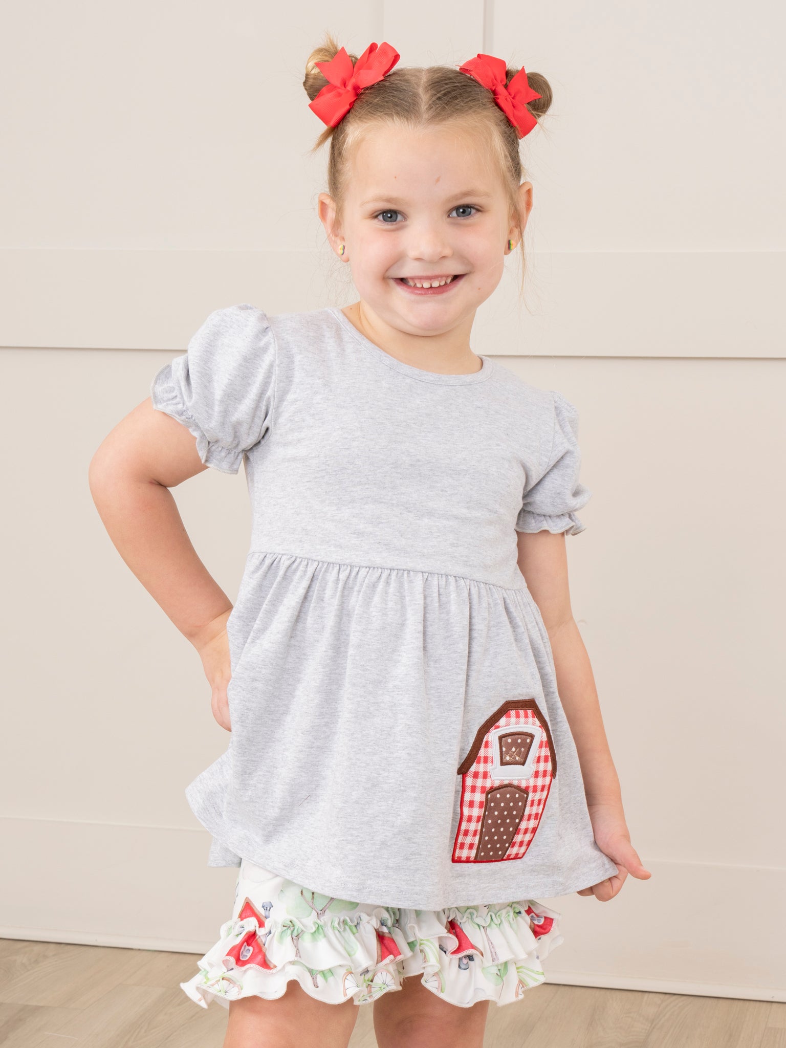 Grey Embroidered Barn Floral Ruffle Outfit - Marie Nicole Clothing