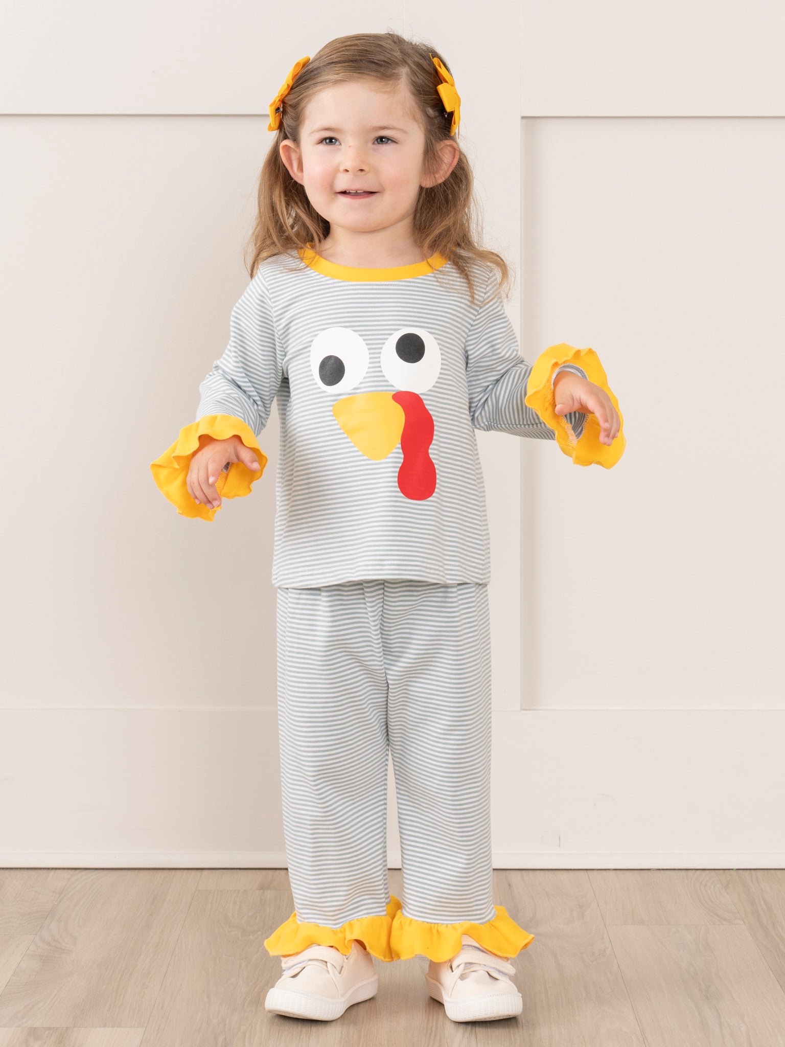 Grey Striped Turkey Ruffle Pajamas - Marie Nicole Clothing