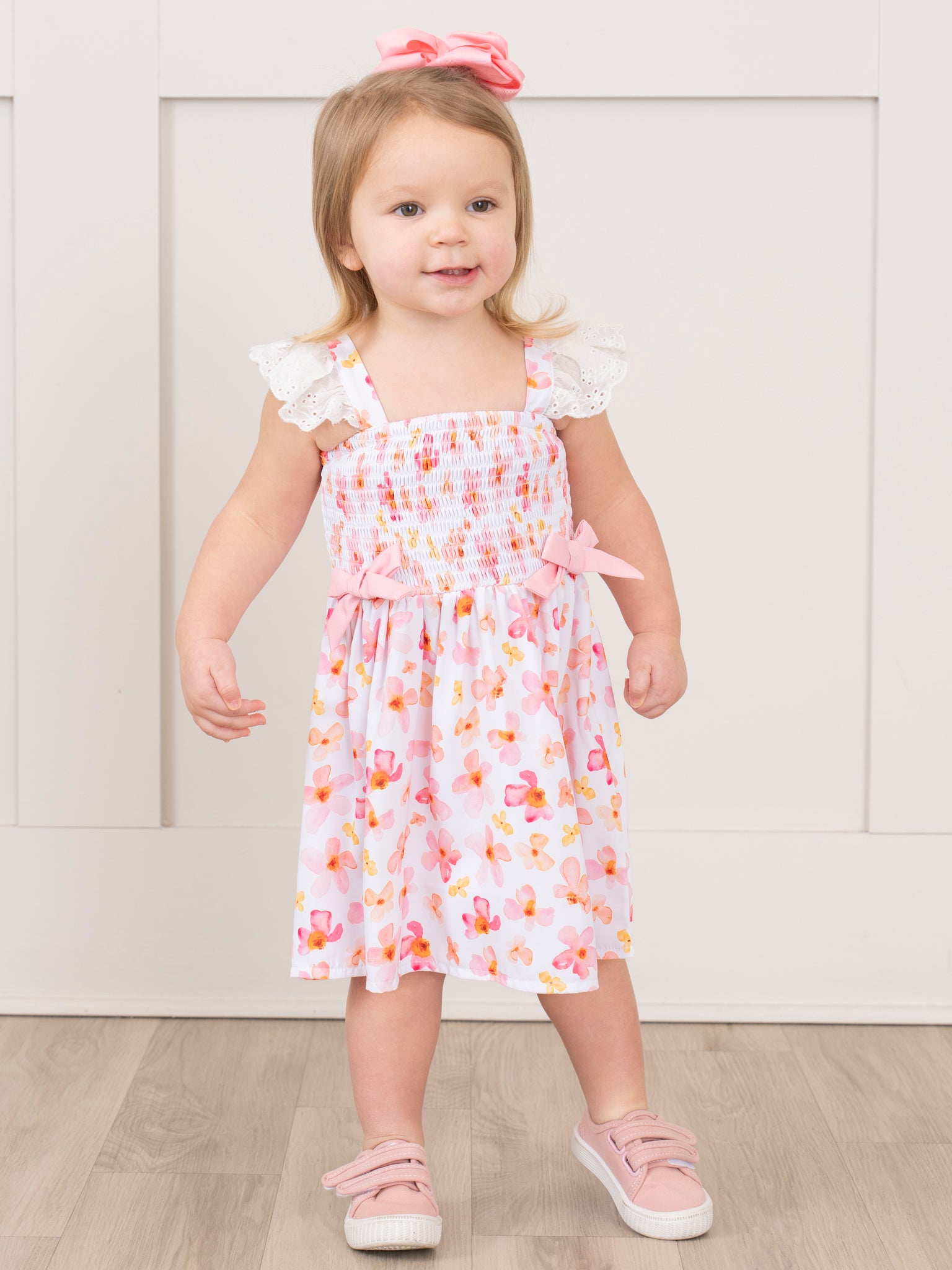 Pink & Yellow Floral Smocked Ruffle Dress - Marie Nicole Clothing