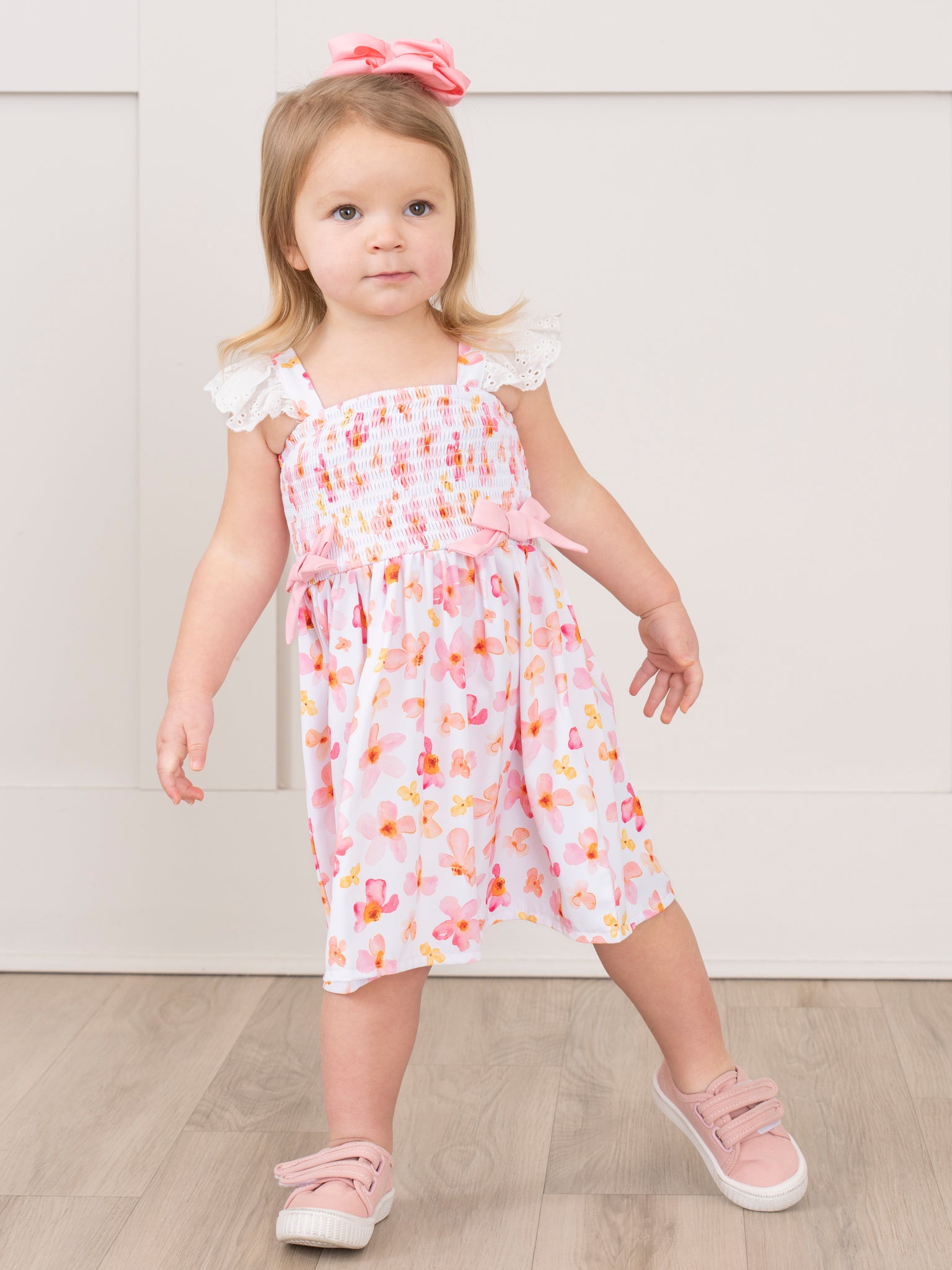 Pink & Yellow Floral Smocked Ruffle Dress - Marie Nicole Clothing
