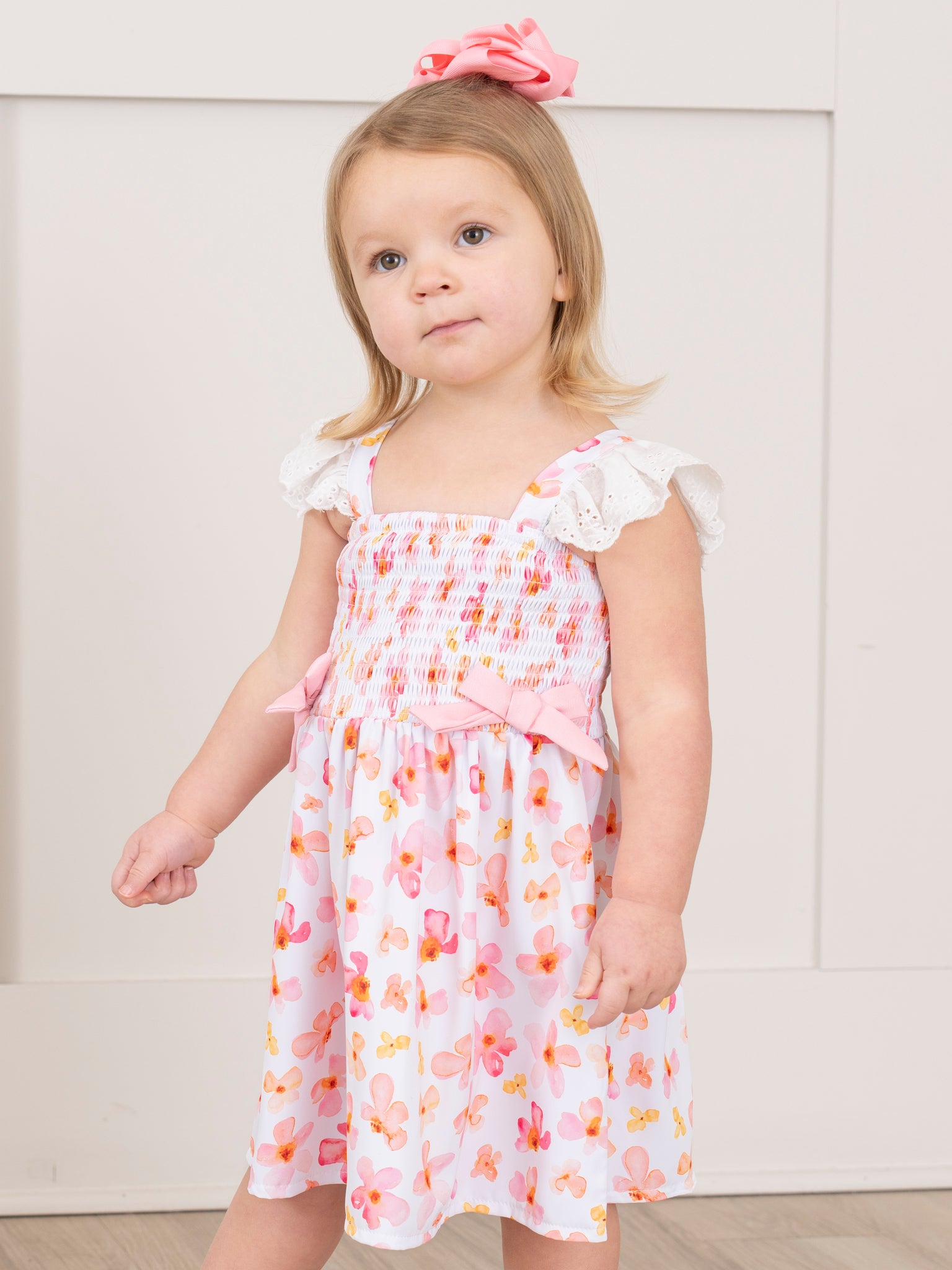 Pink & Yellow Floral Smocked Ruffle Dress - Marie Nicole Clothing