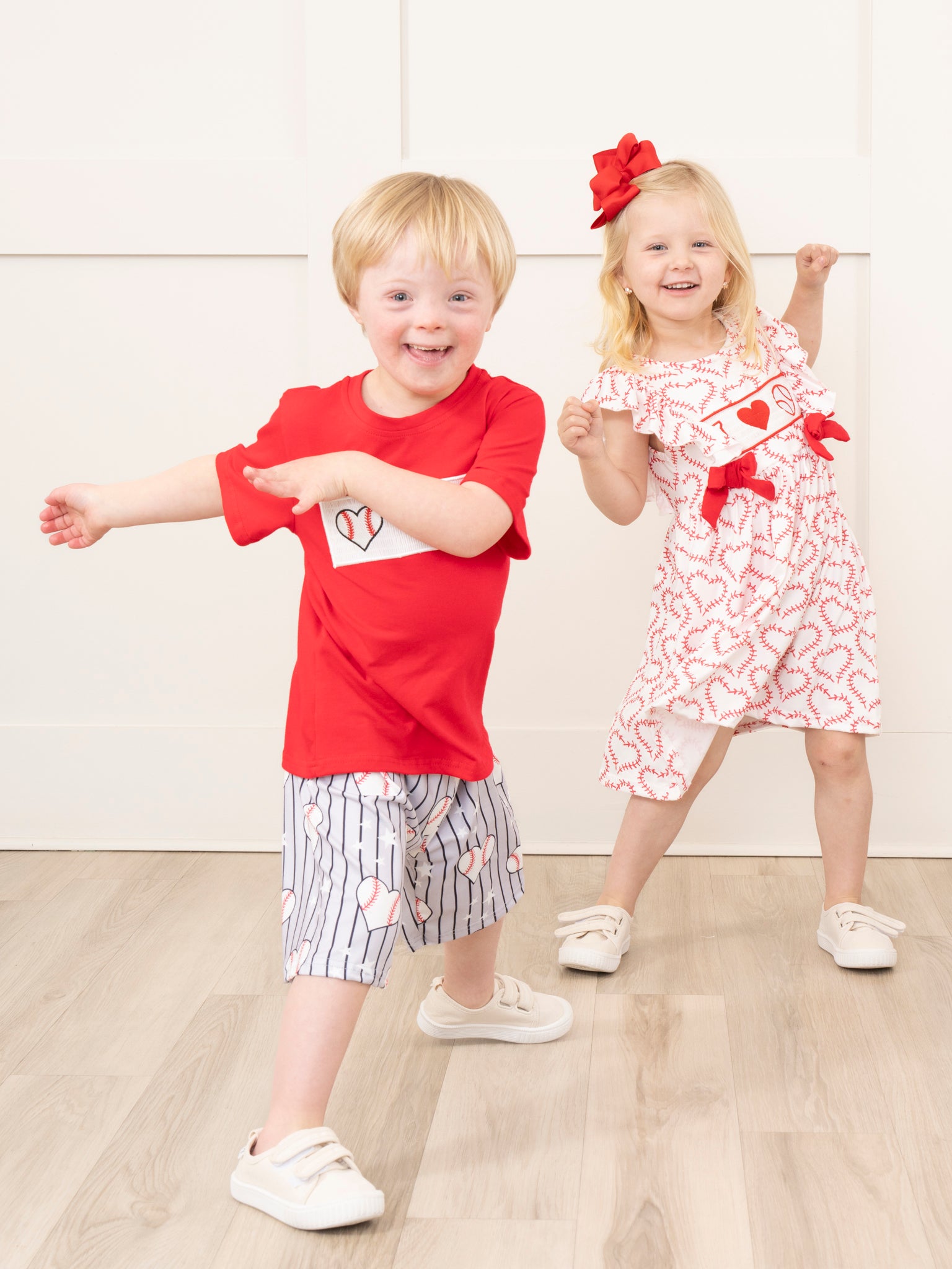 Red & White Smocked Baseball Love Baseball Ruffle Dress - Marie Nicole Clothing