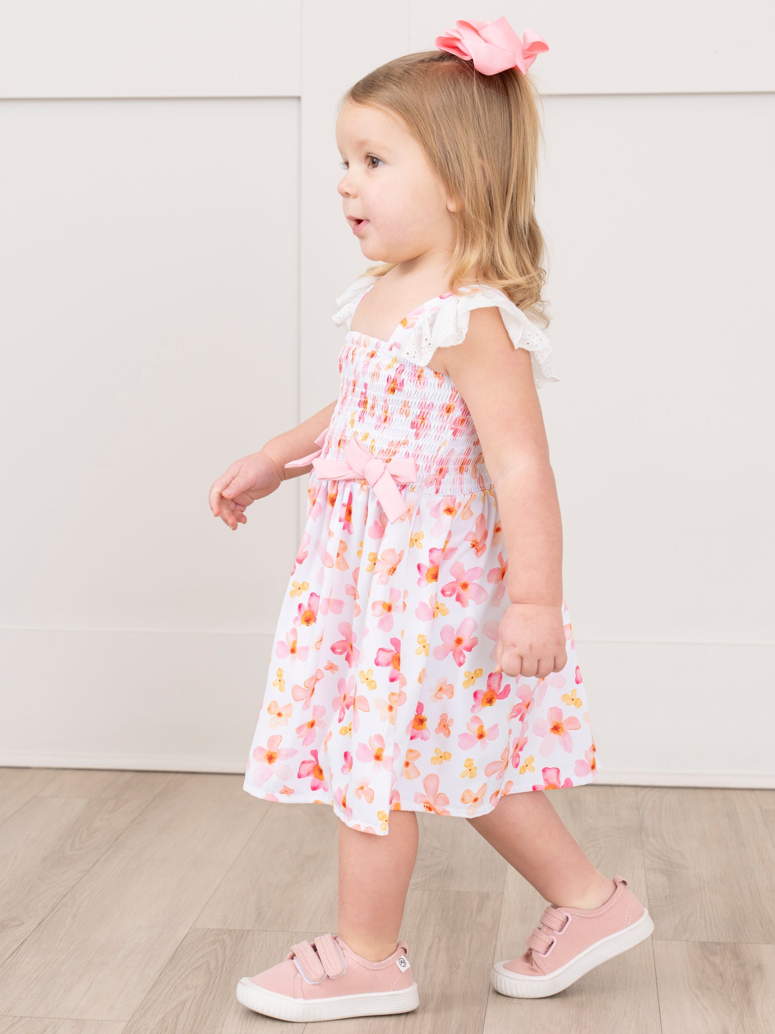 Pink & Yellow Floral Smocked Ruffle Dress - Marie Nicole Clothing