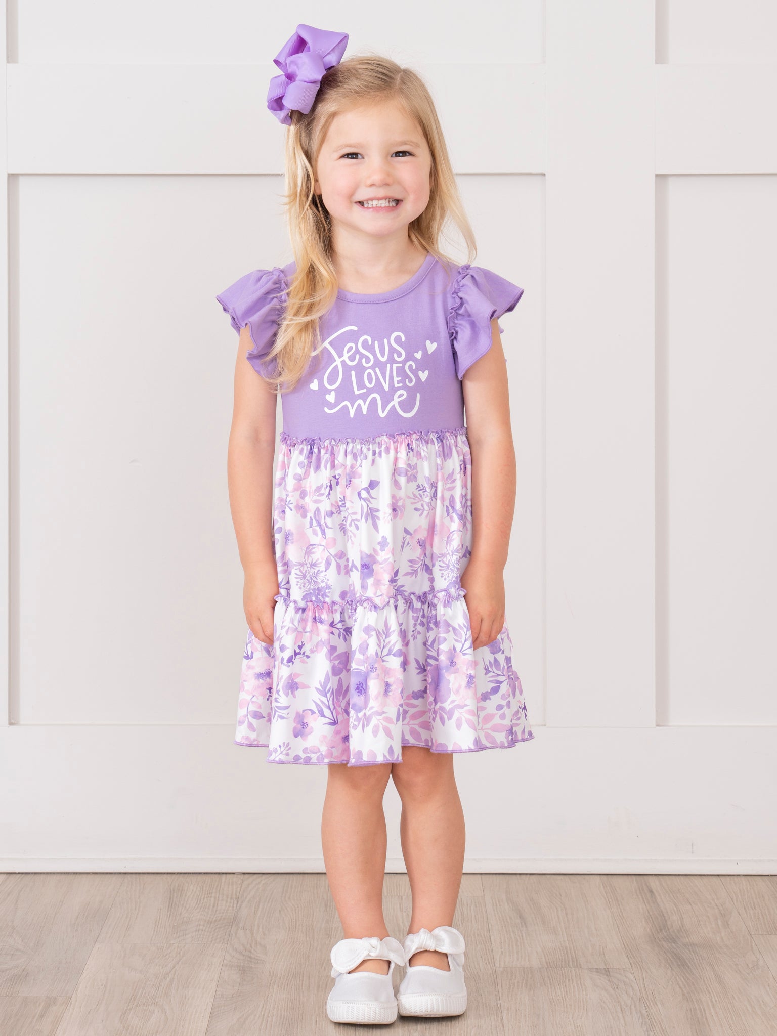 Purple "Jesus Loves Me" Ruffle Dress - Marie Nicole Clothing