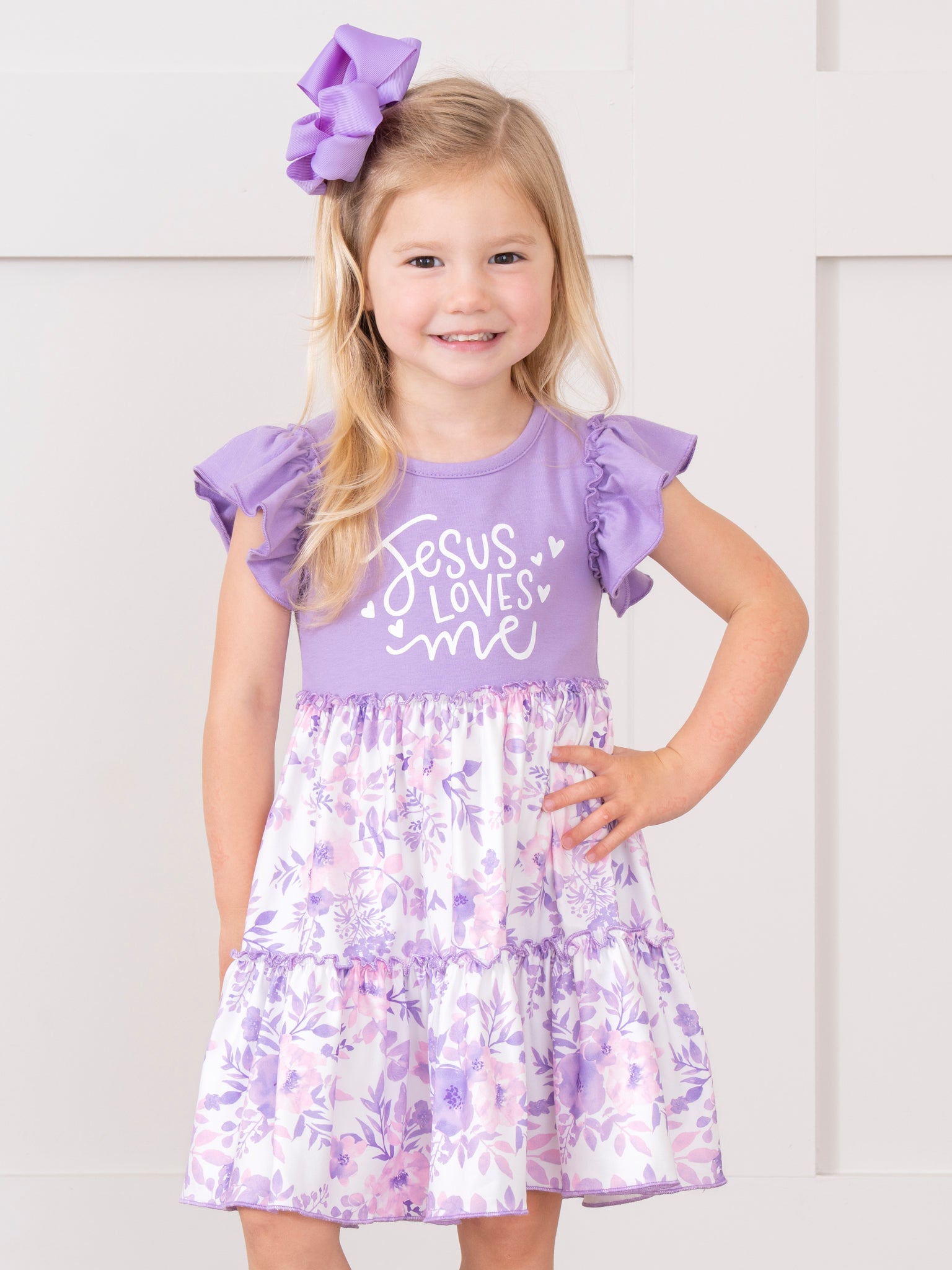 Purple "Jesus Loves Me" Ruffle Dress - Marie Nicole Clothing