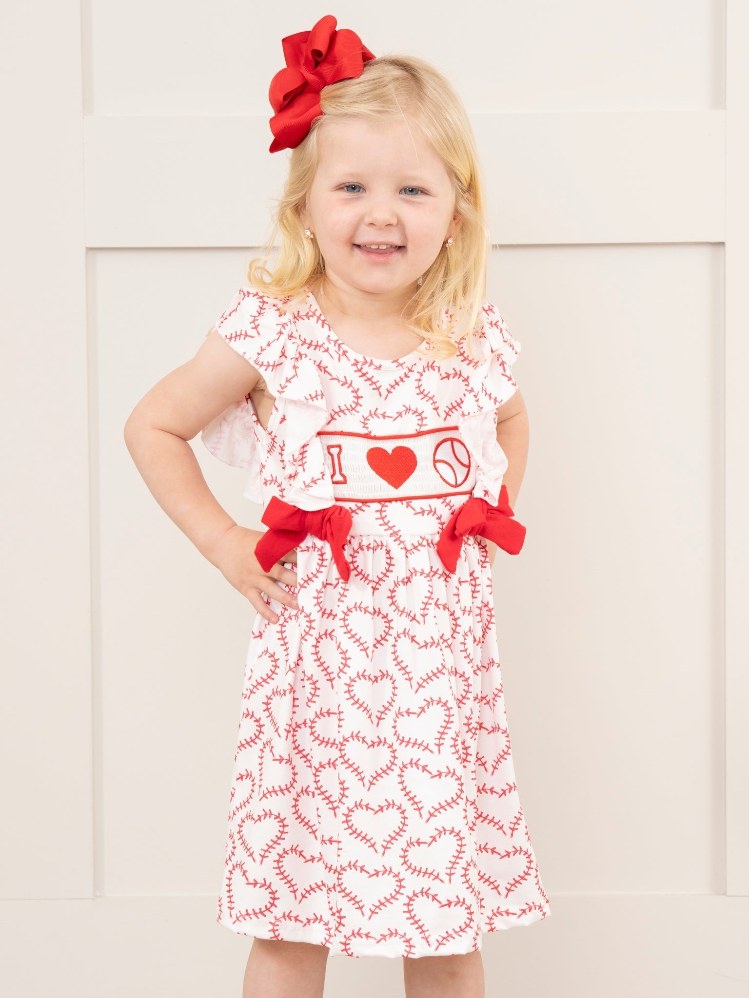 Red & White Smocked Baseball Love Baseball Ruffle Dress - Marie Nicole Clothing