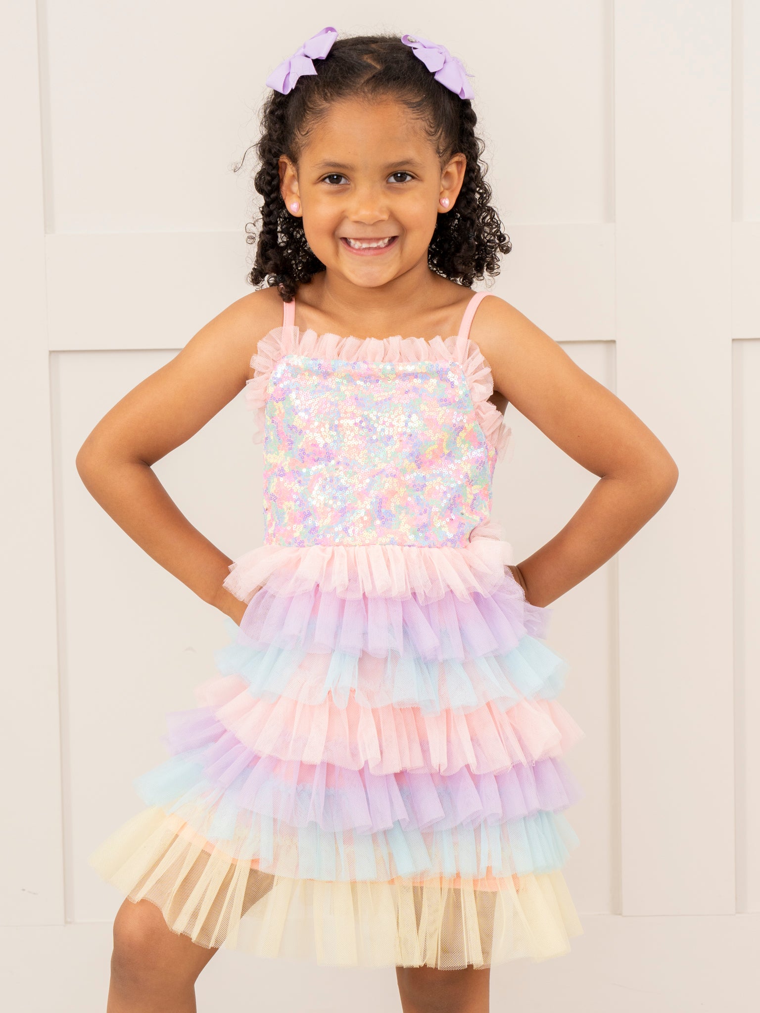 Rainbow Sequin Tiered Tulle Ruffle Dress - Marie Nicole Clothing