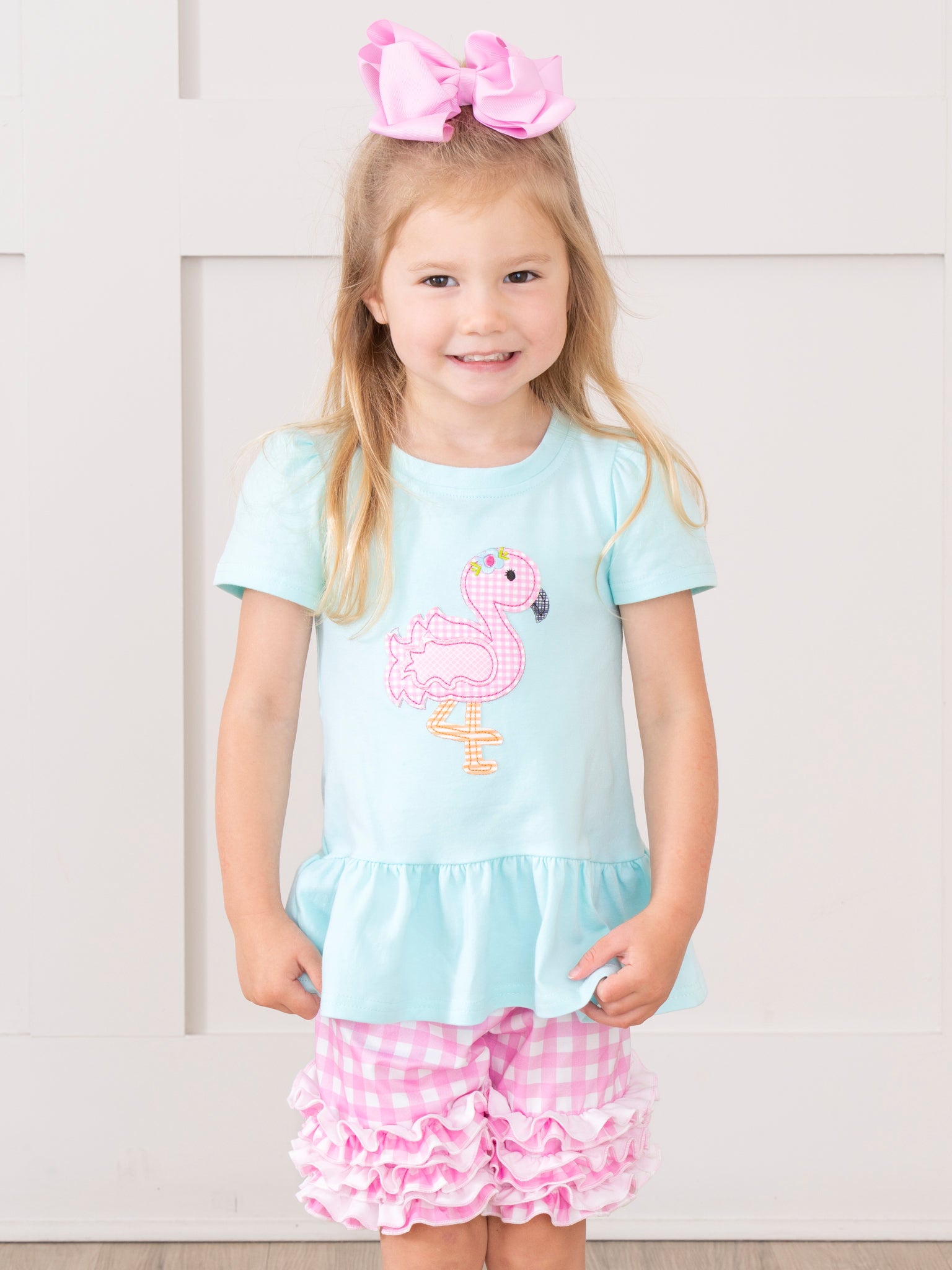Pink Gingham Flamingo Ruffle Outfit - Marie Nicole Clothing