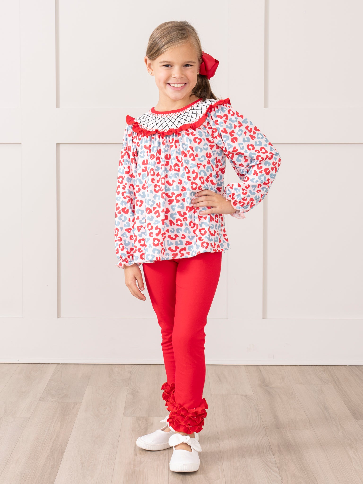 Merry Leopard Smock Neck Ruffle Outfit - Marie Nicole Clothing