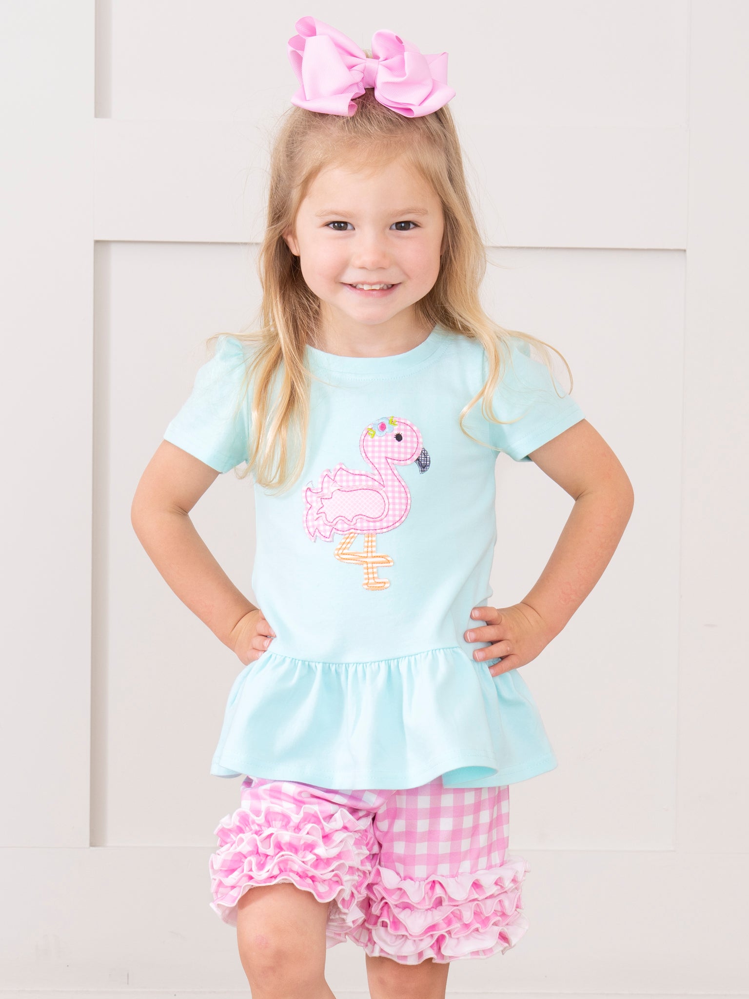 Pink Gingham Flamingo Ruffle Outfit - Marie Nicole Clothing