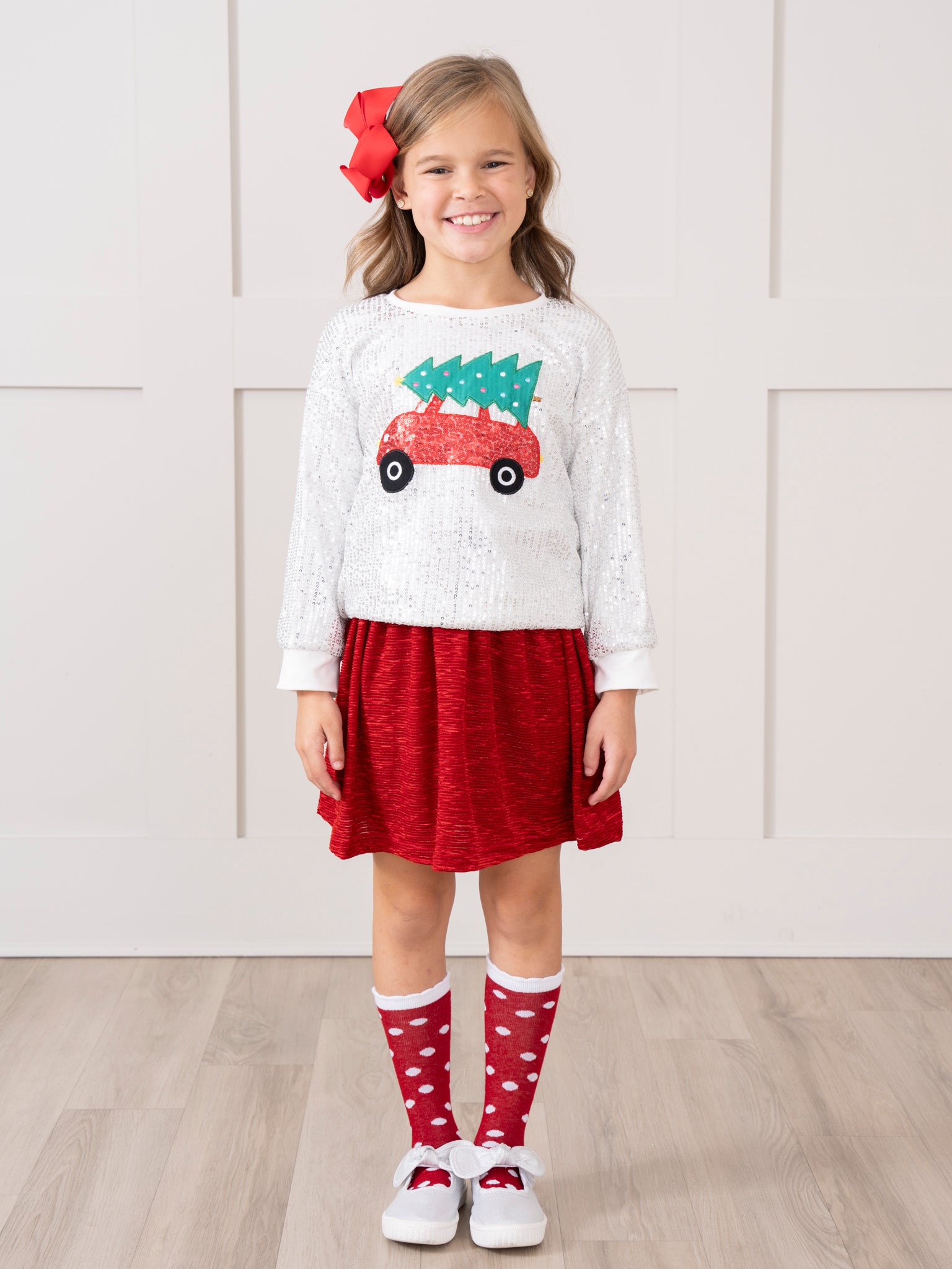 Silver Sequins & Red Velvet Christmas Outfit w/ Skirt - Marie Nicole Clothing