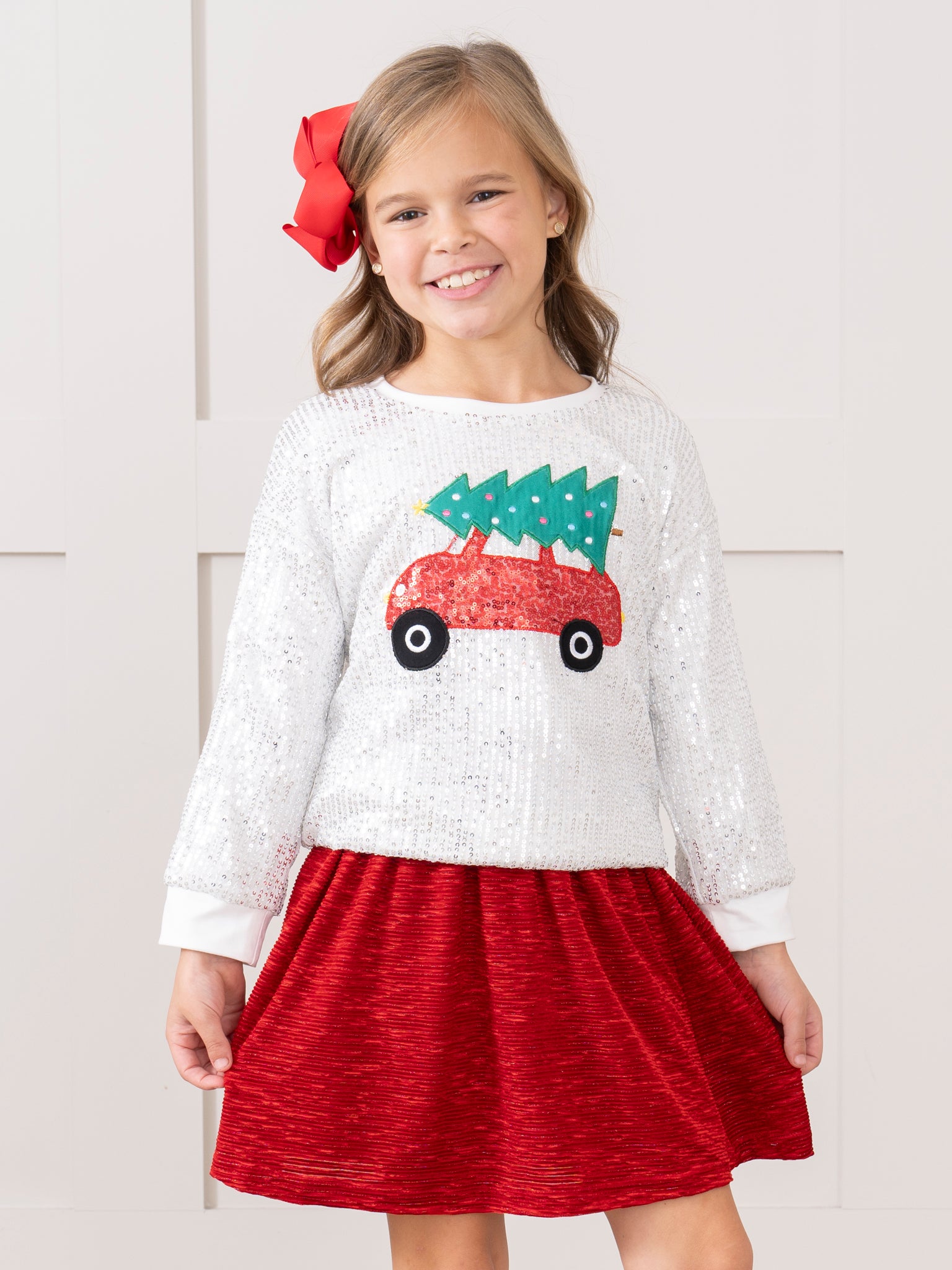 Silver Sequins & Red Velvet Christmas Outfit w/ Skirt - Marie Nicole Clothing