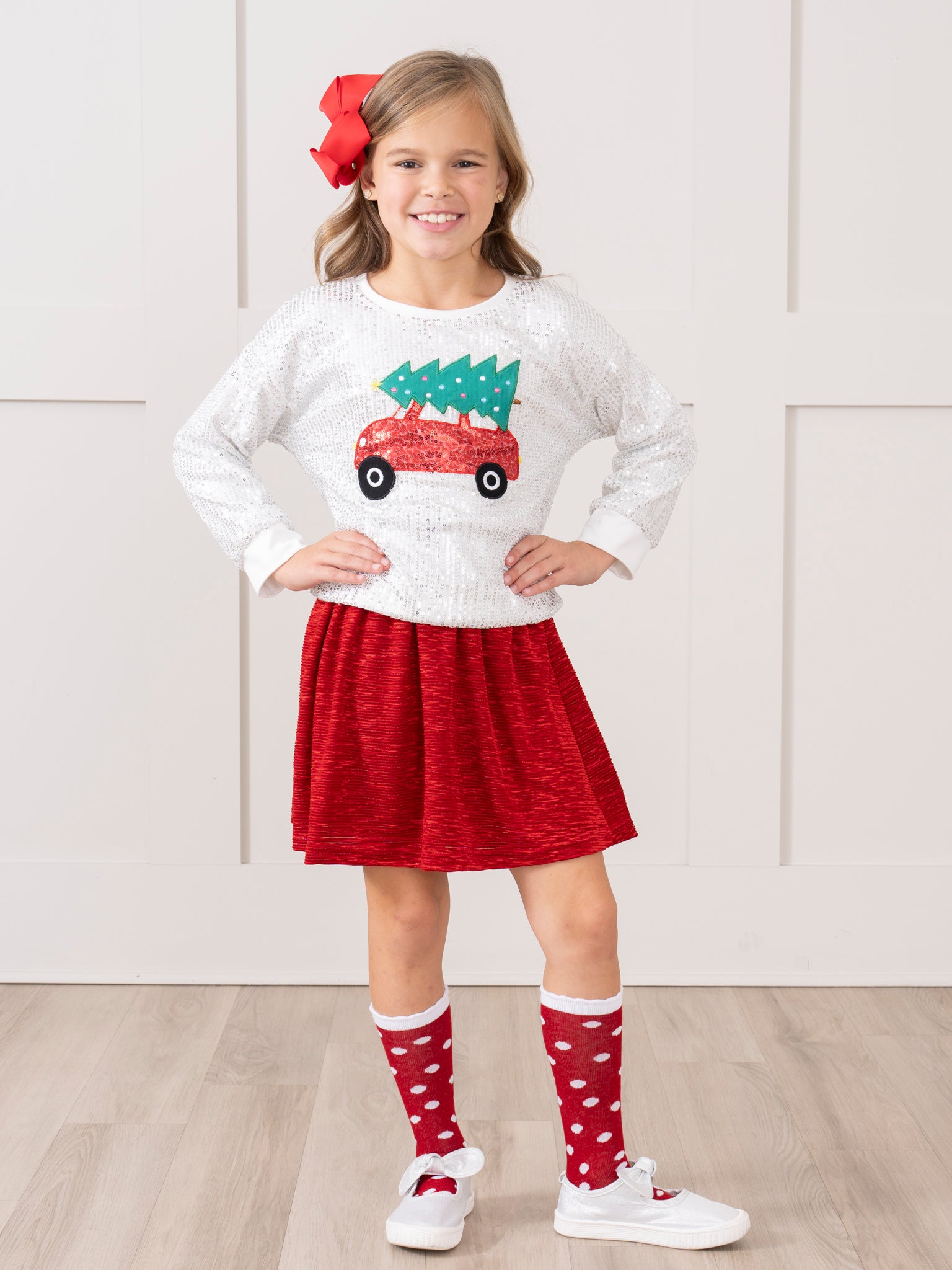 Silver Sequins & Red Velvet Christmas Outfit w/ Skirt - Marie Nicole Clothing