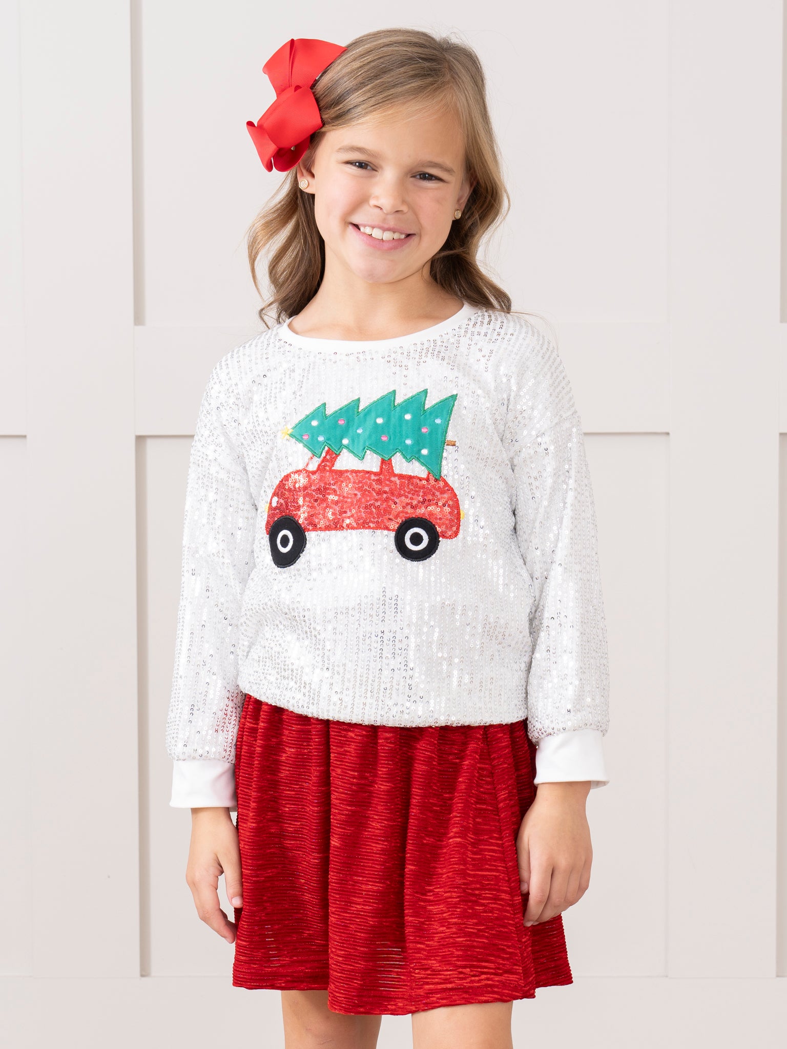 Silver Sequins & Red Velvet Christmas Outfit w/ Skirt - Marie Nicole Clothing