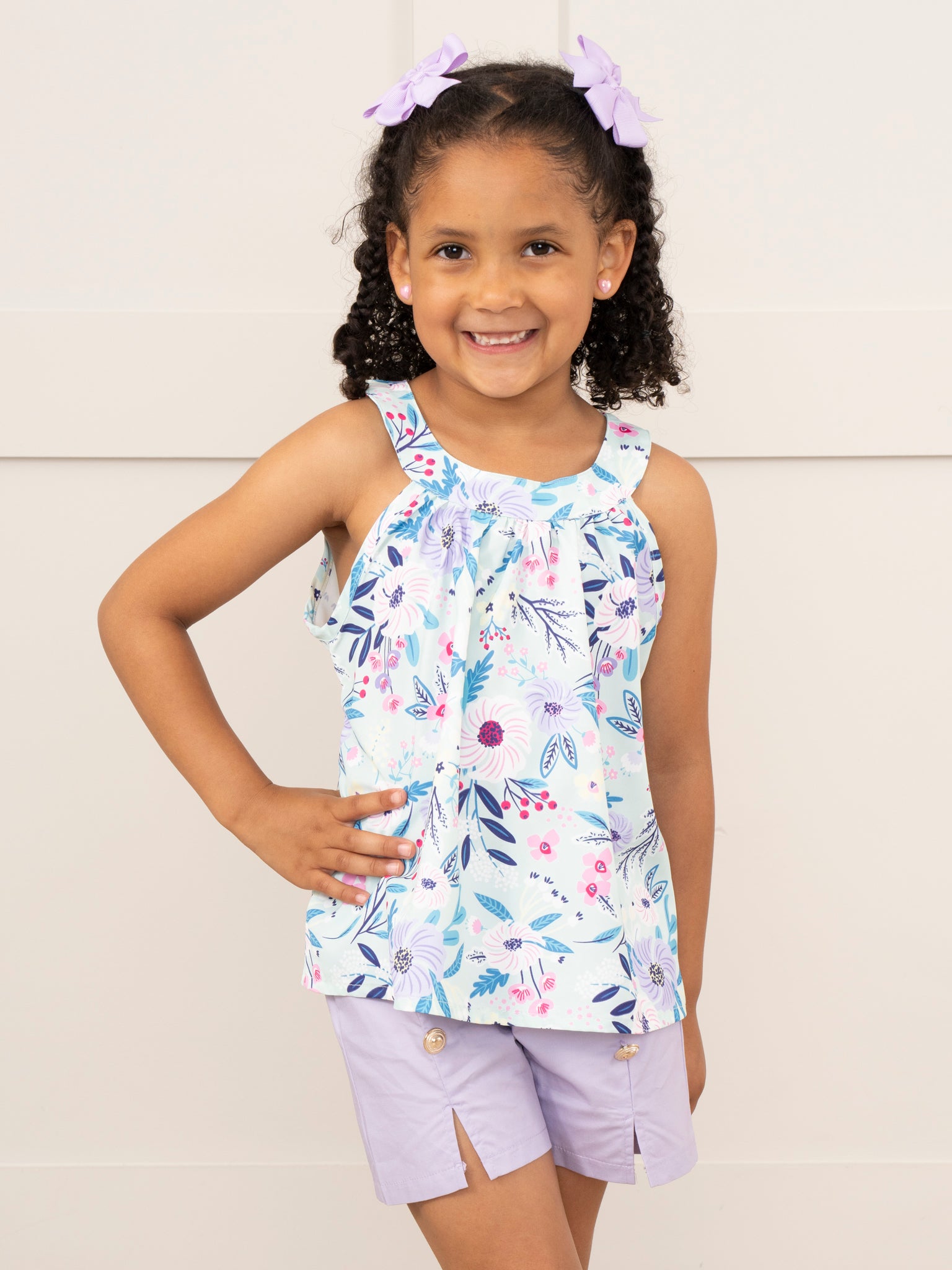 Lavender & Blue Floral Sailor Shorts Outfit - Marie Nicole Clothing