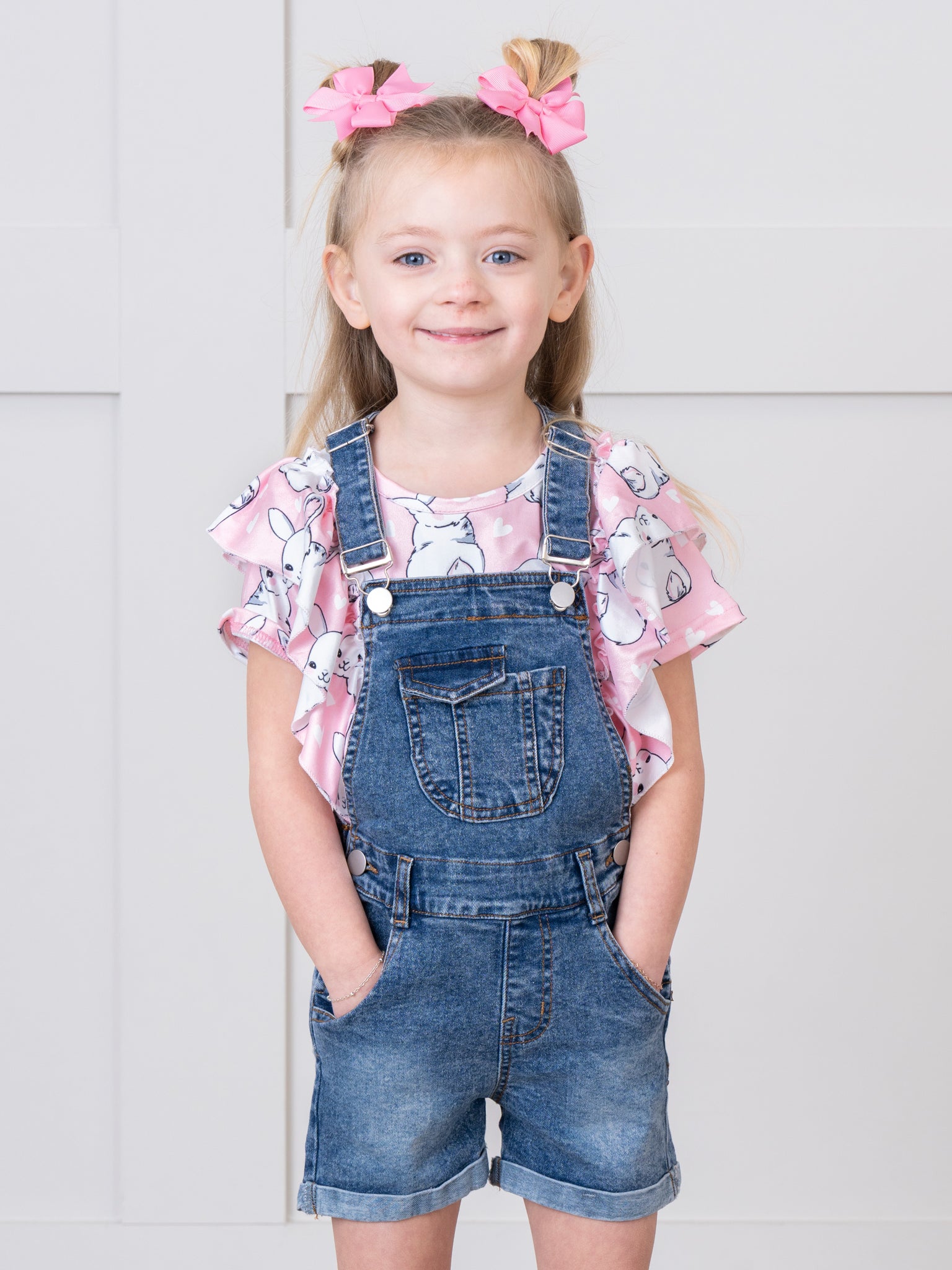 Pink Bunny Ruffle Top & Denim Overall Set - Marie Nicole Clothing
