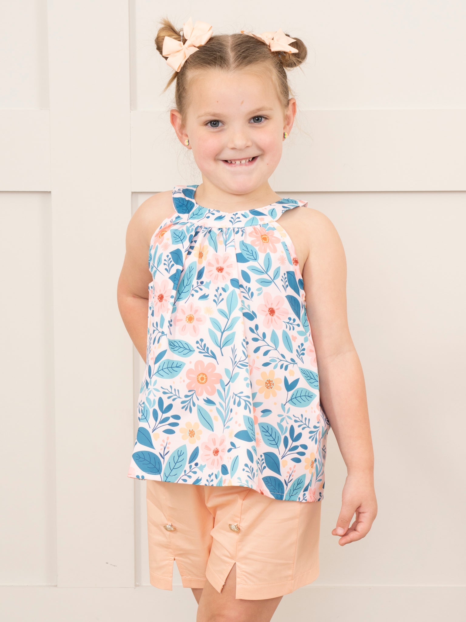 Peach & Blue Floral Sailor Shorts Outfit - Marie Nicole Clothing