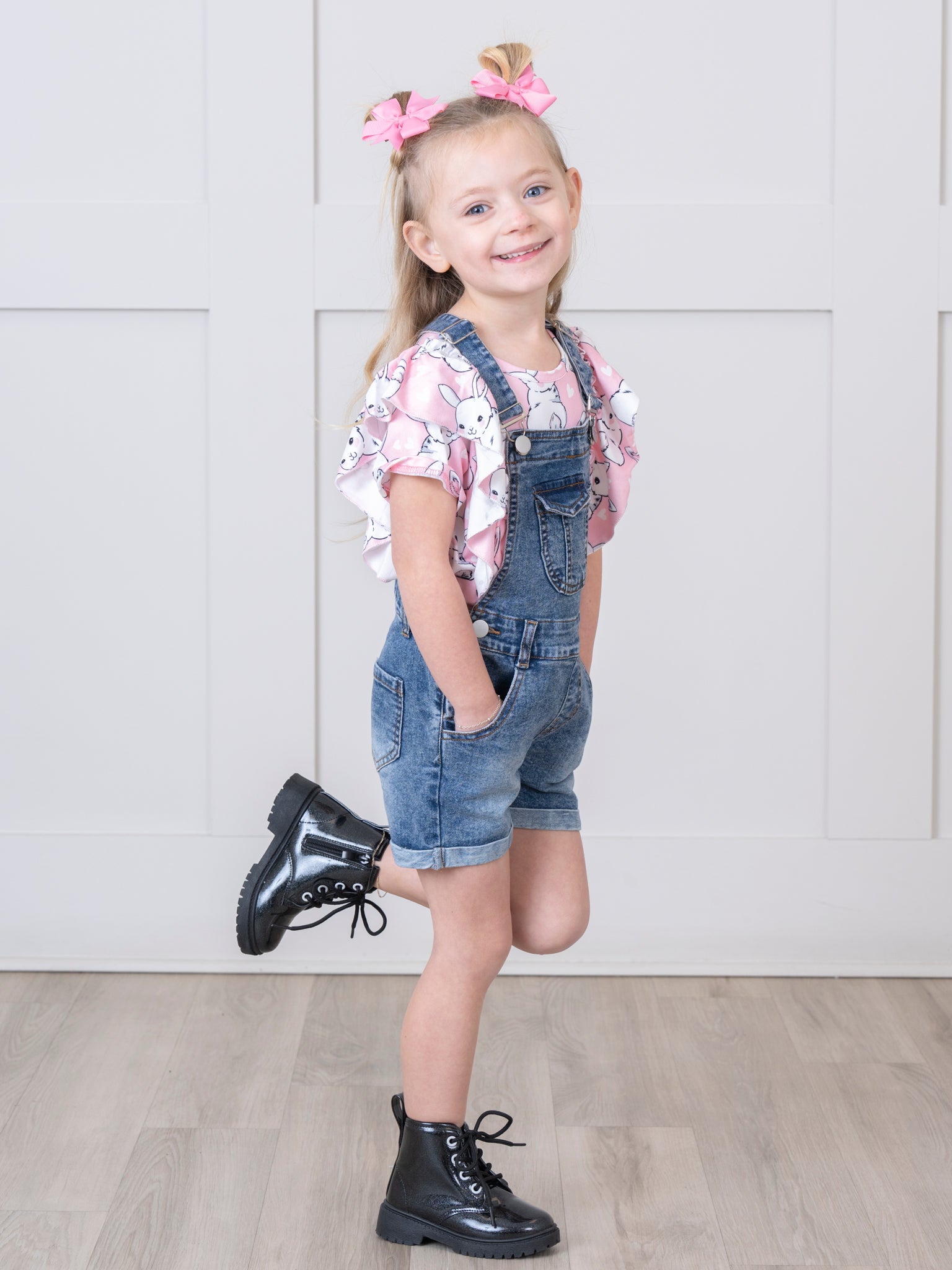 Pink Bunny Ruffle Top & Denim Overall Set - Marie Nicole Clothing