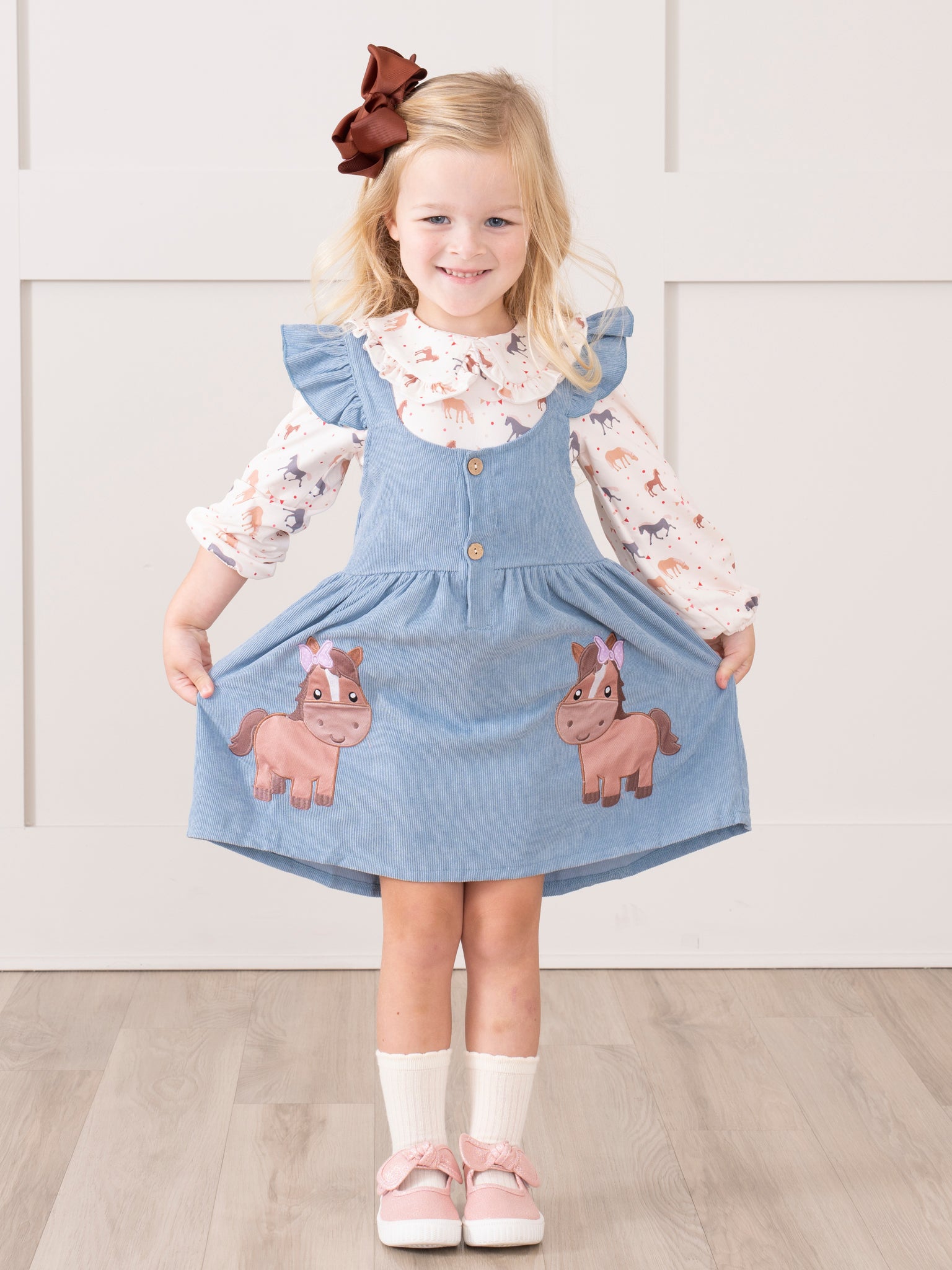 Corduroy Embroidered Little Pony Skirtall Set - Marie Nicole Clothing