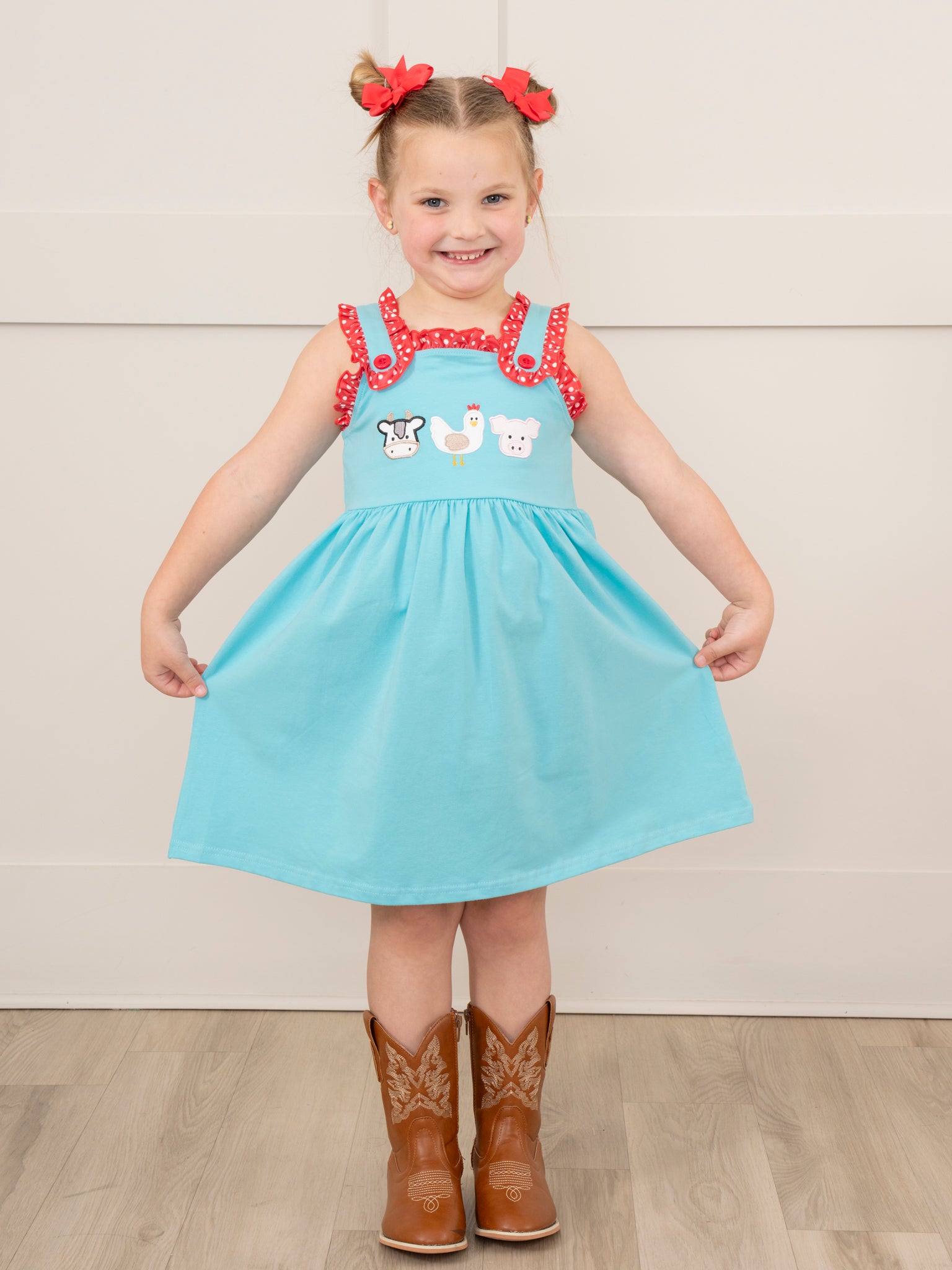 Turquoise Embroidered Farm Friends Ruffle Dress - Marie Nicole Clothing