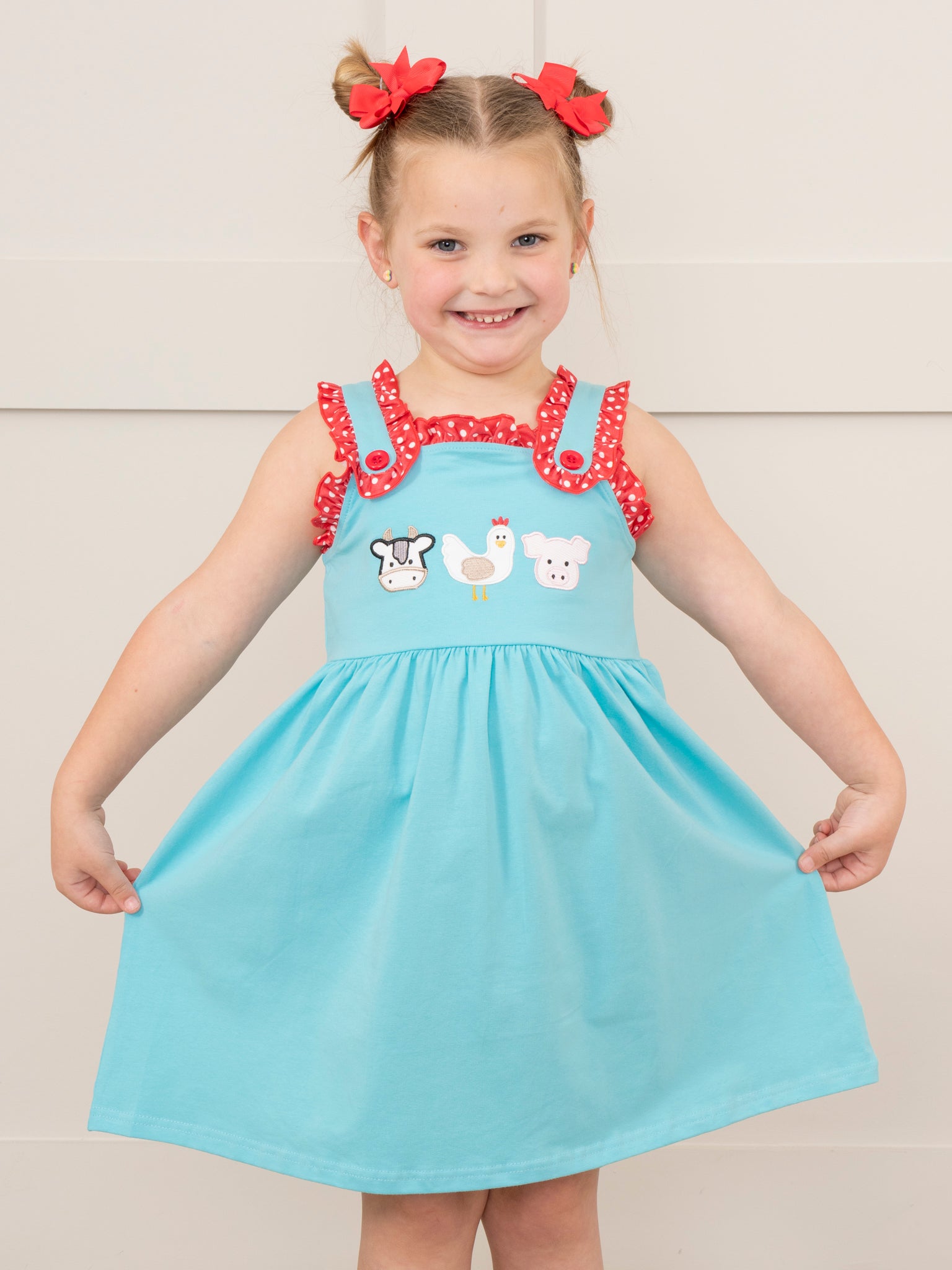 Turquoise Embroidered Farm Friends Ruffle Dress - Marie Nicole Clothing