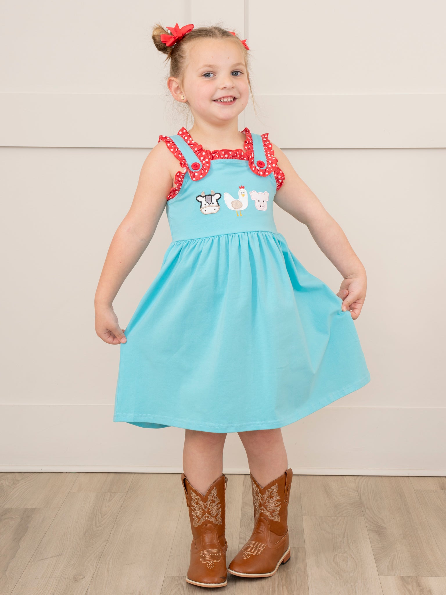 Turquoise Embroidered Farm Friends Ruffle Dress - Marie Nicole Clothing