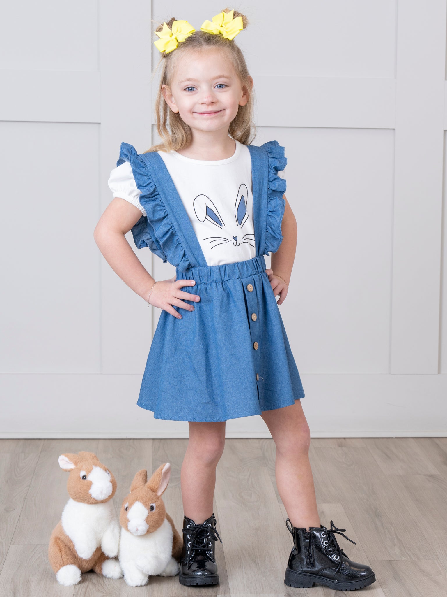 Chambray Bunny Ruffle Overall Set - Marie Nicole Clothing
