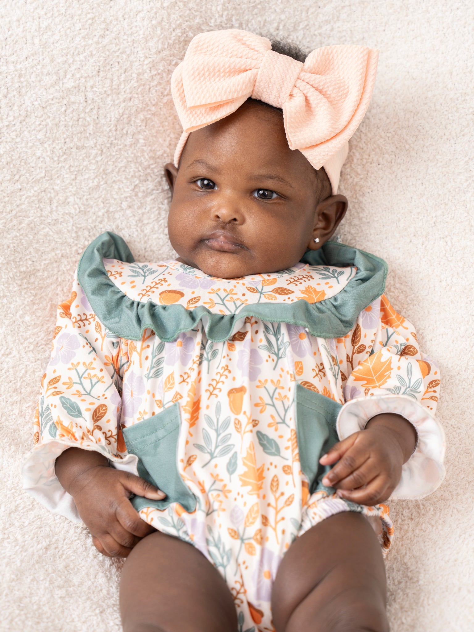Sage Green Dainty Autumn Blooms Ruffle Romper - Marie Nicole Clothing