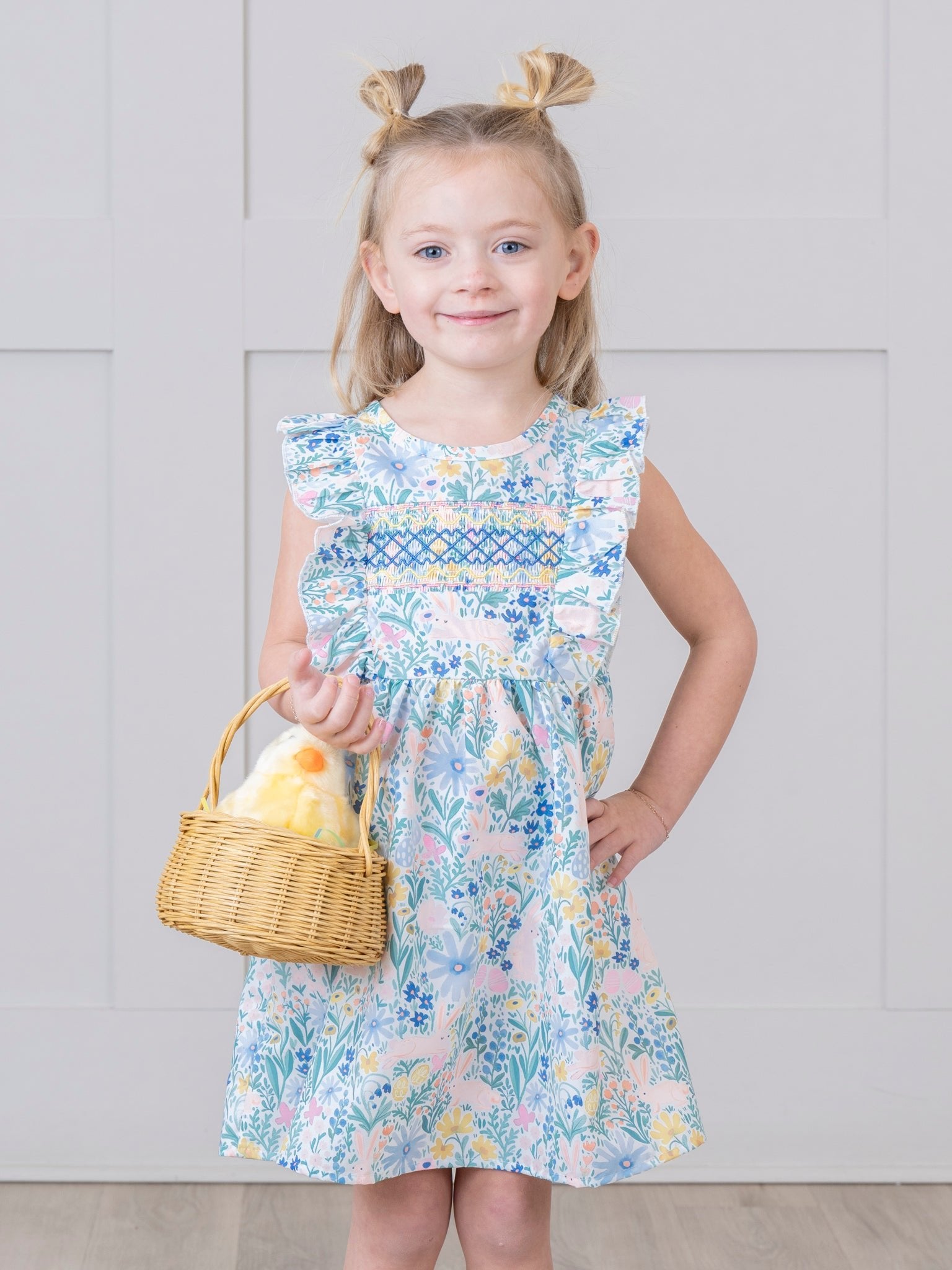Blue Daisy Smocked Bunny Ruffle Dress - Marie Nicole Clothing
