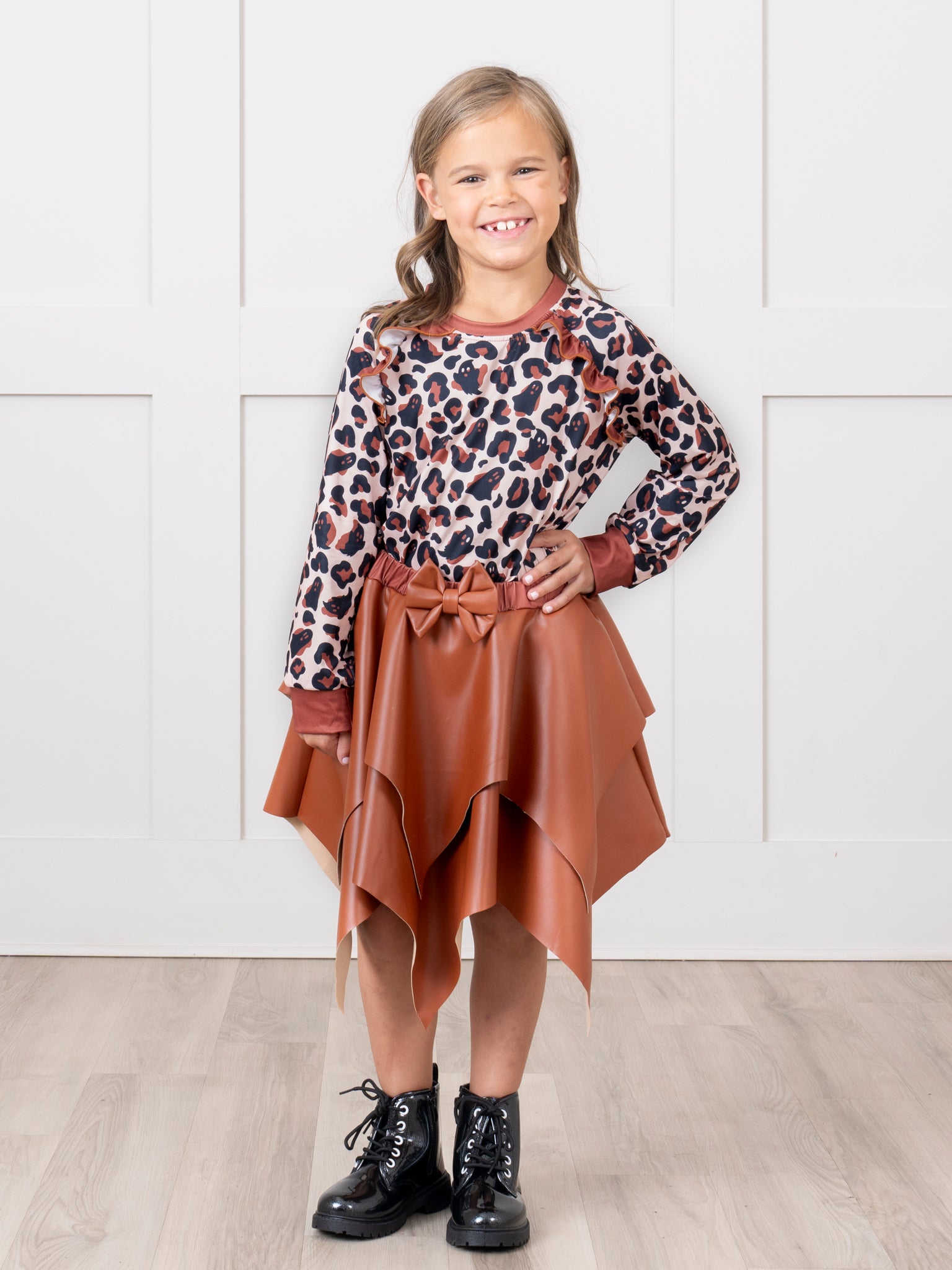 Brown Faux Leather Ghost Leopard Print Outfit - Marie Nicole Clothing