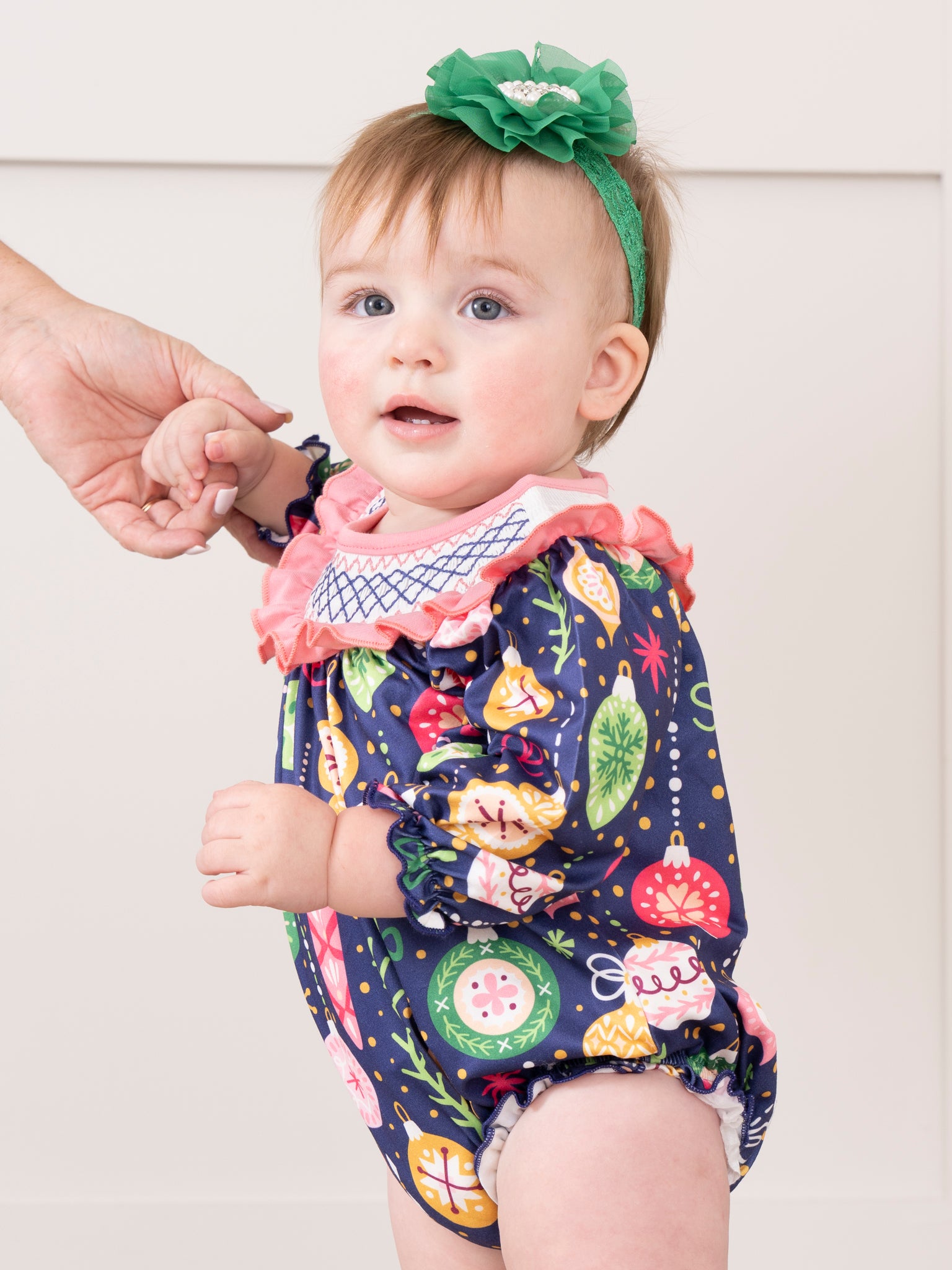 Pink & Blue Ornaments Smocked Romper - Marie Nicole Clothing